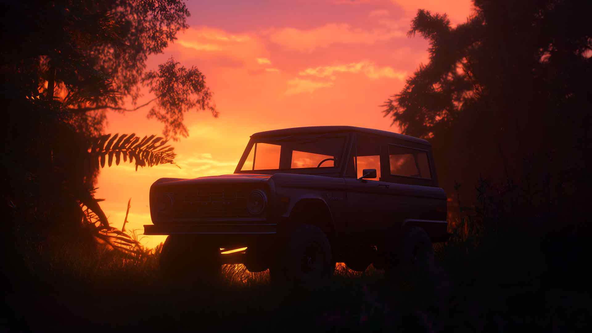 福特 Bronco 经典 SUV​​ 丛林日落剪影桌面壁纸