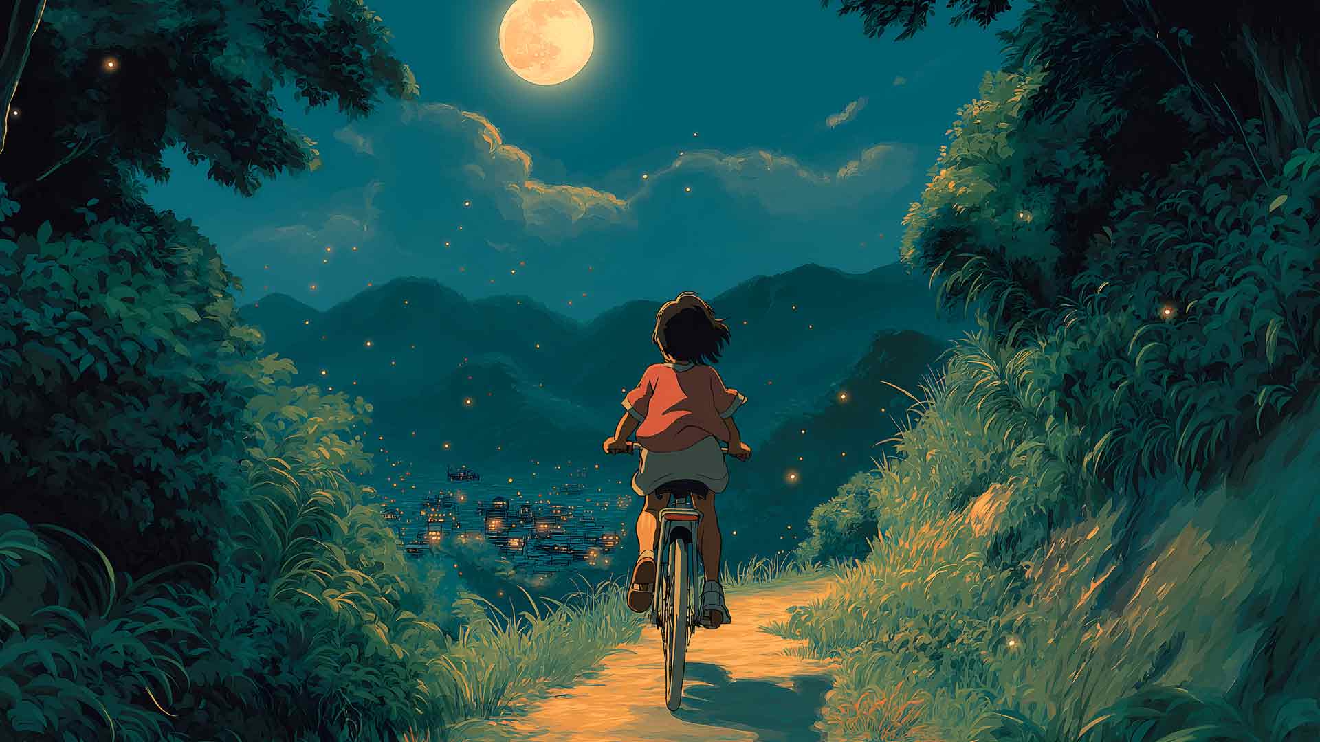 吉卜力《千与千寻》骑自行车的女孩满月桌面壁纸