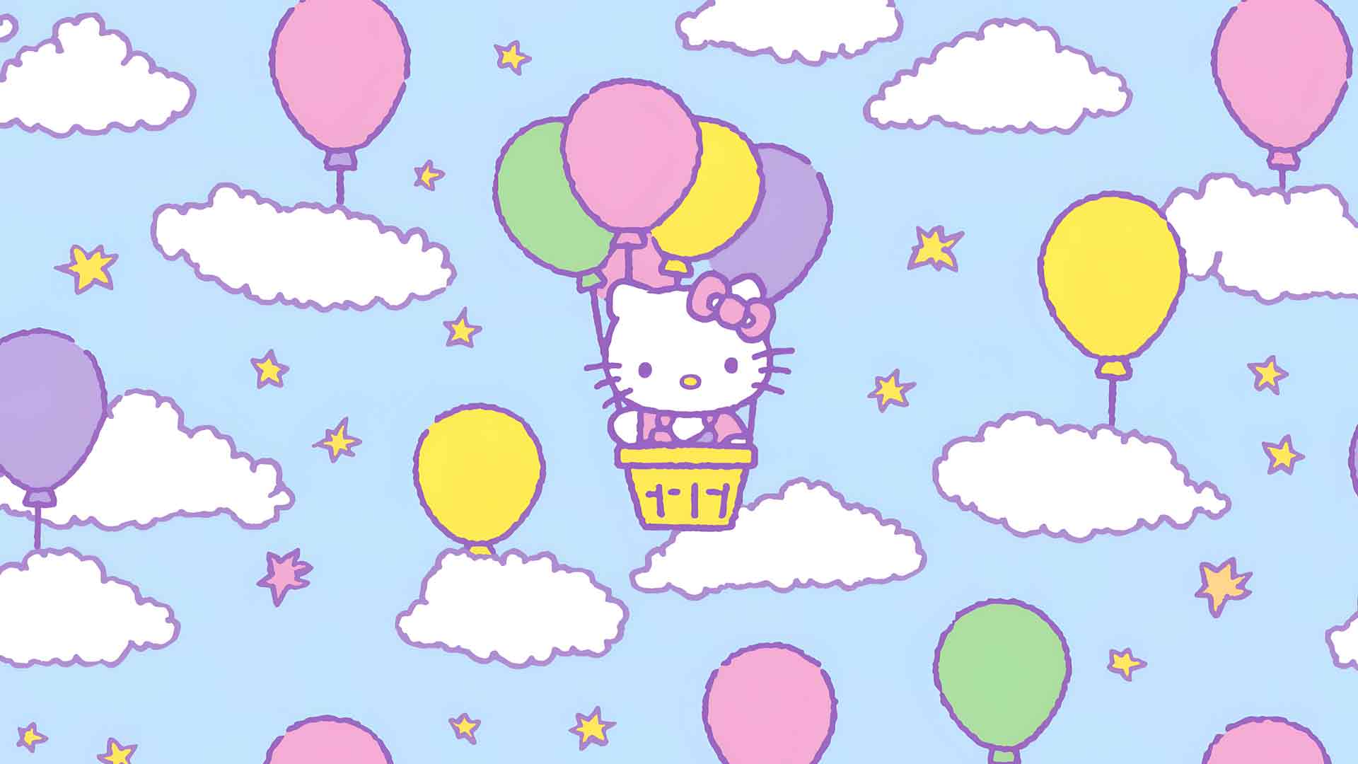 Hello Kitty 热气球粉彩云朵桌面壁纸
