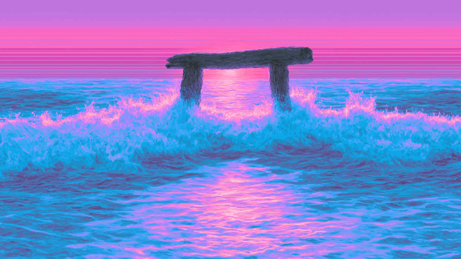 日本神社海日落粉蓝桌面壁纸