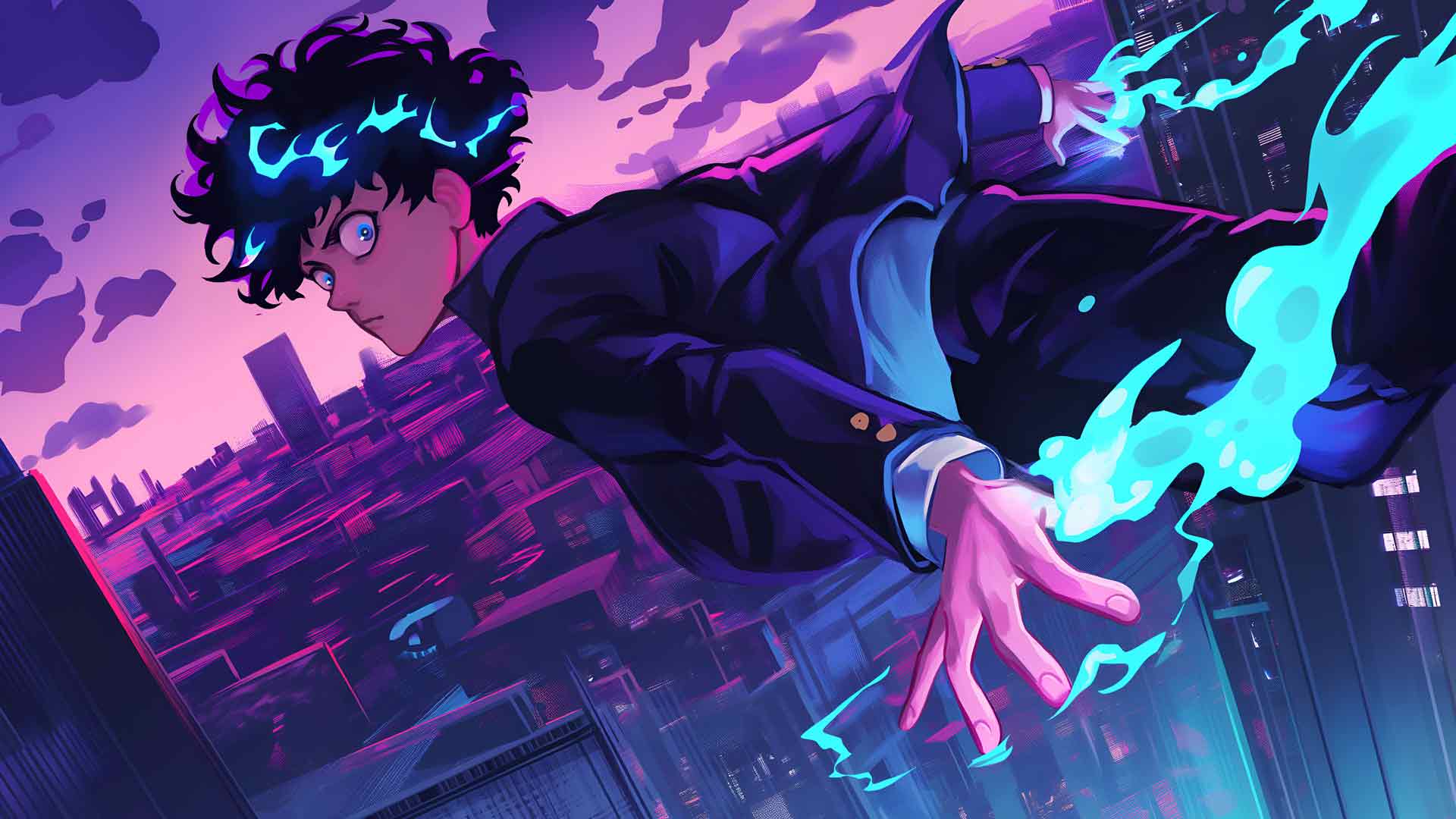 灵能百分百 路人漂浮发光城市夜景桌面壁纸