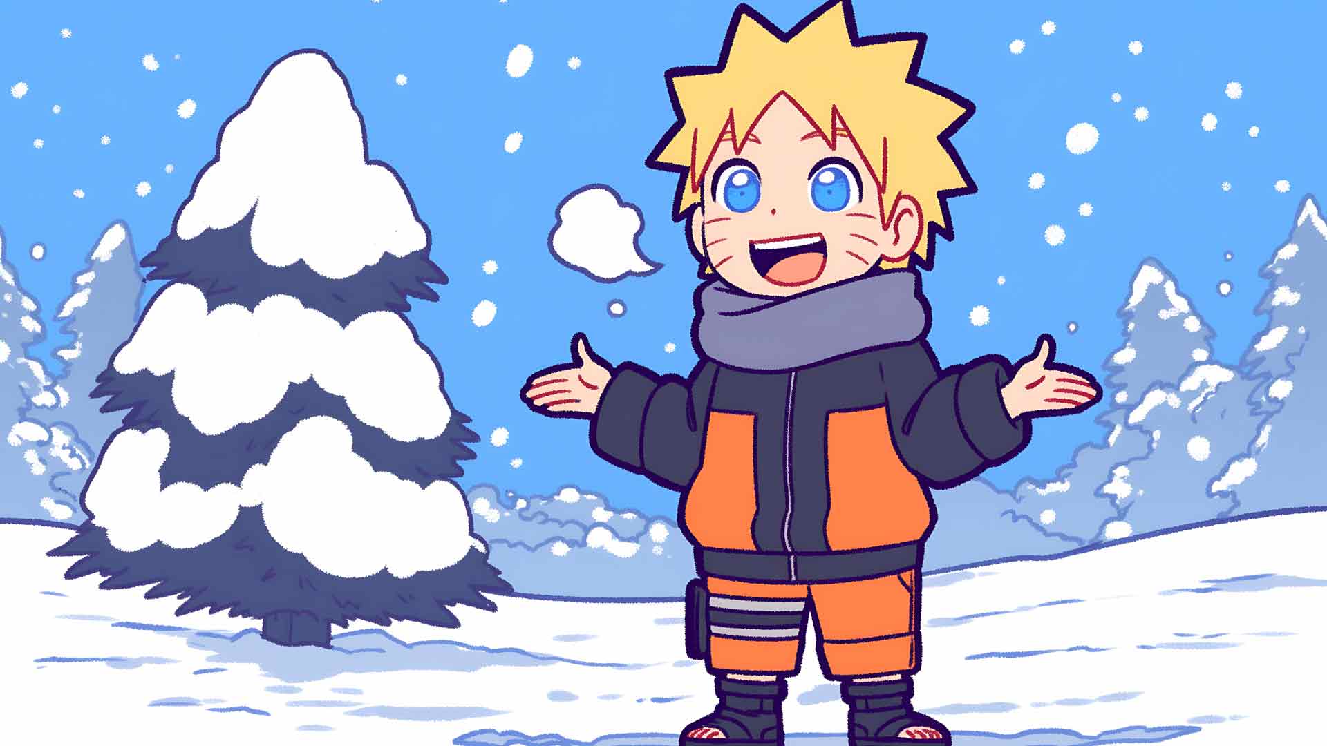 戴着雪地围巾的漩涡鸣人Q版冬季围巾快乐桌面壁纸