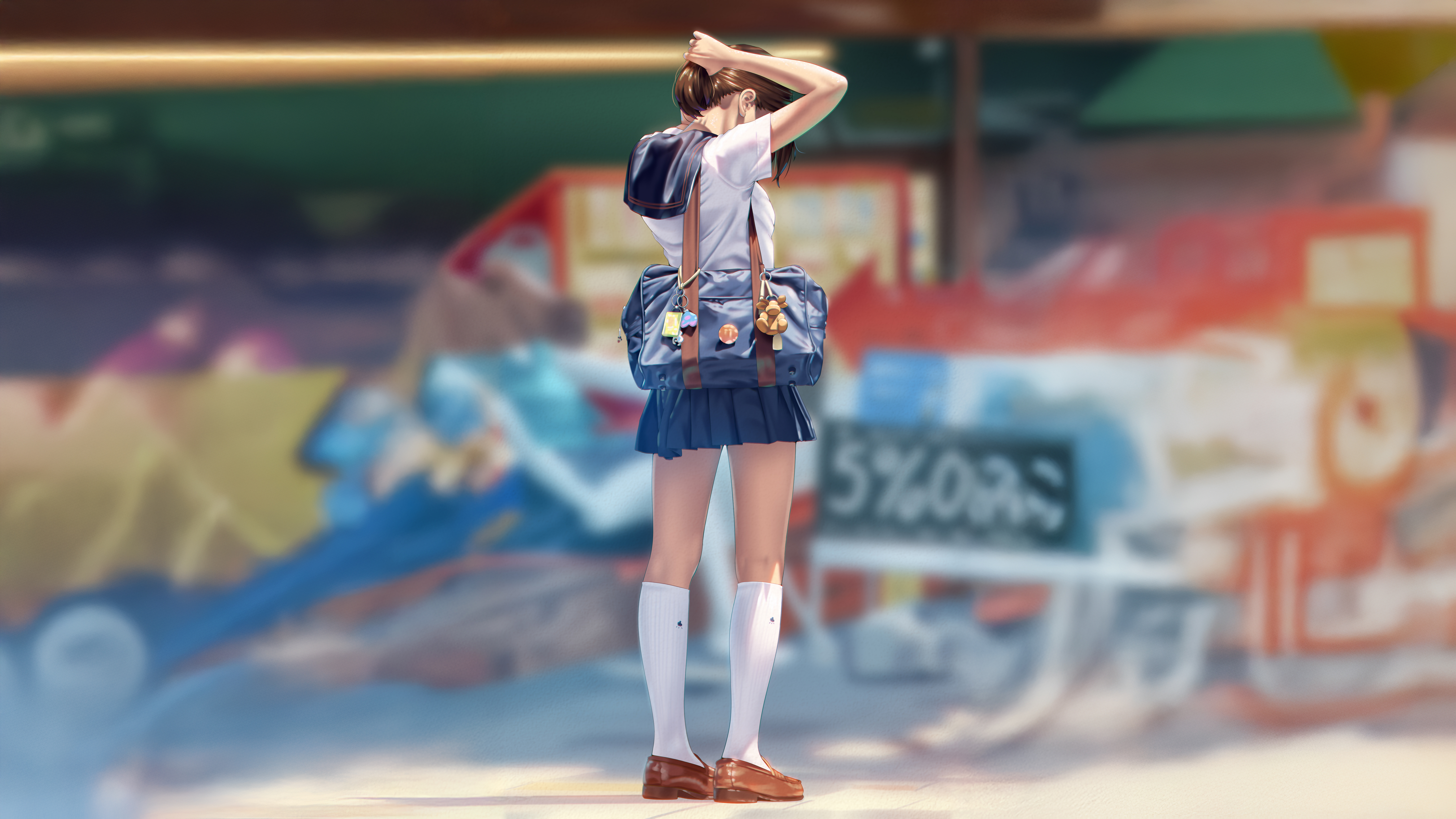 卡通滤镜女学生在街上背身扎头发