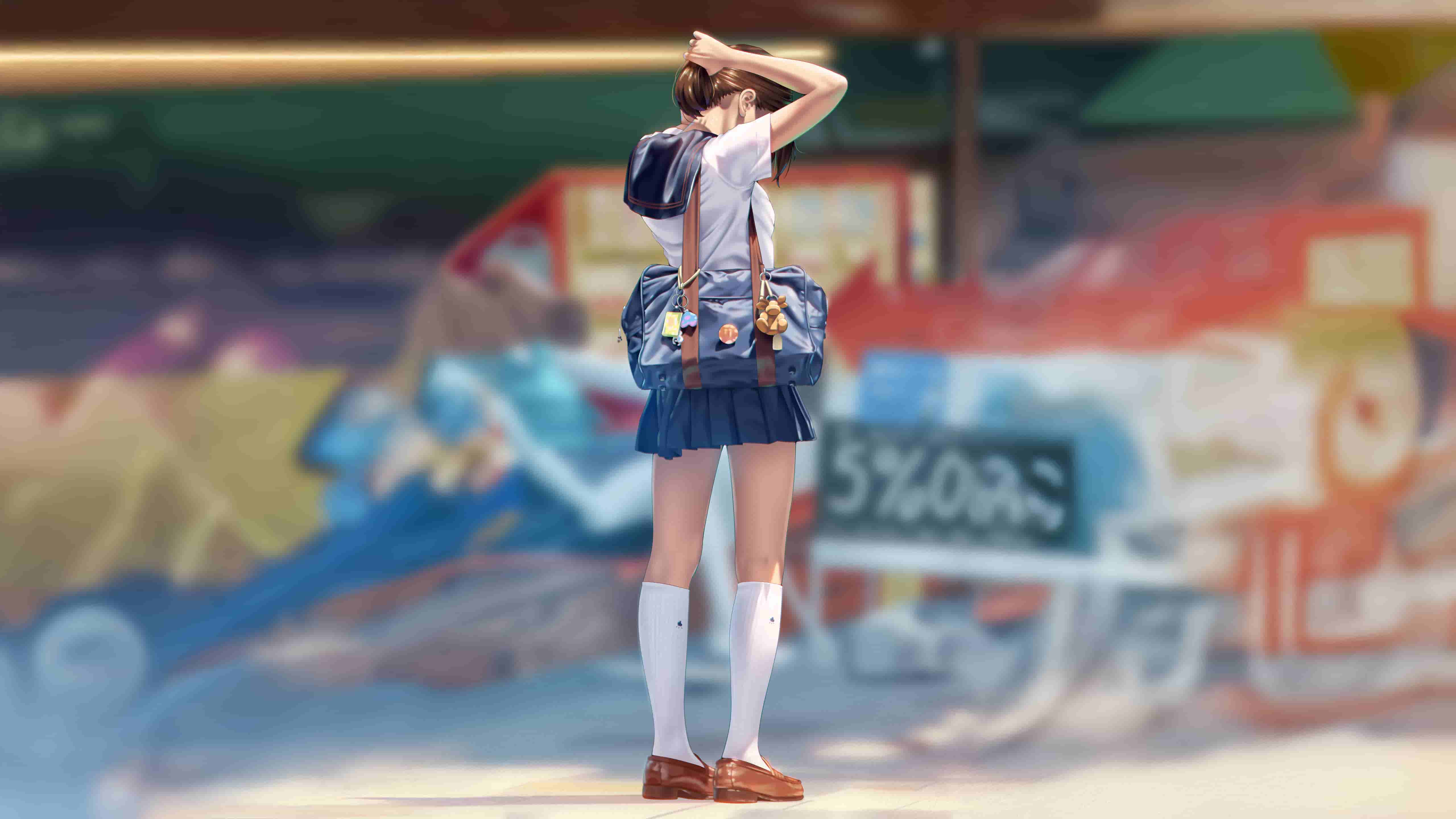 卡通滤镜女学生在街上背身扎头发