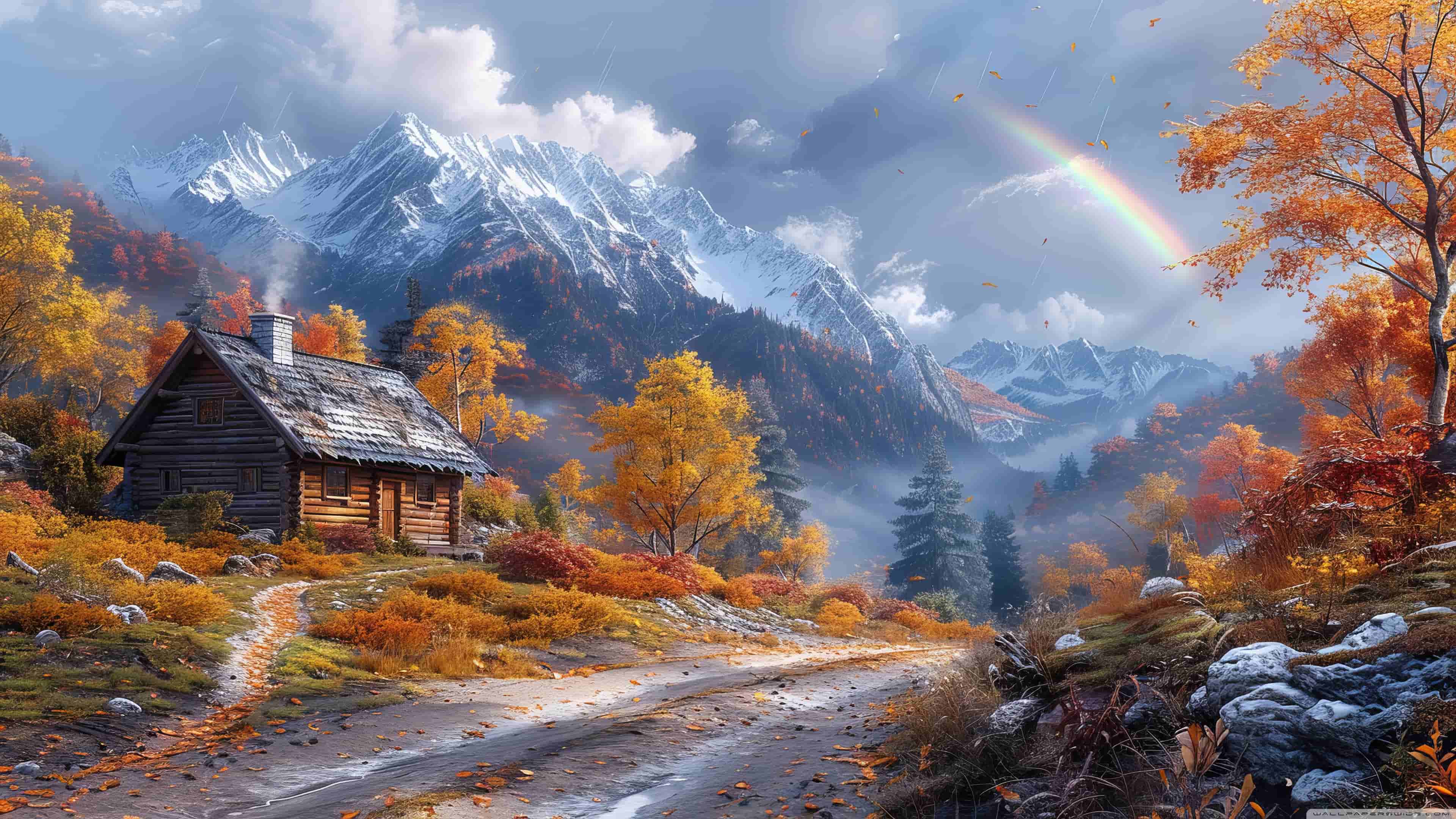 雪山彩虹自愈系路边的小木屋