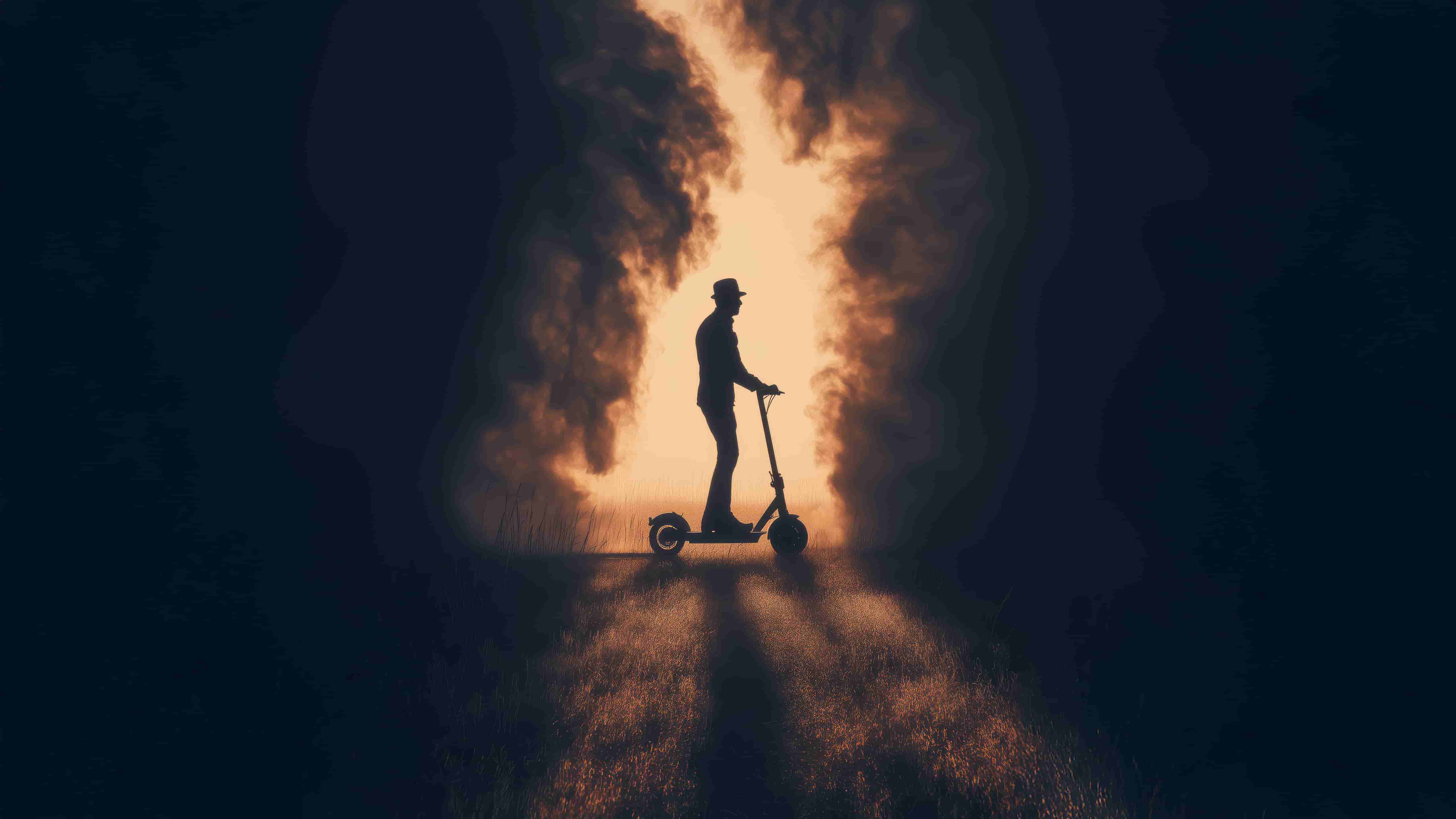 戴着绅士帽的男子骑着摩托车在金门大道上行驶