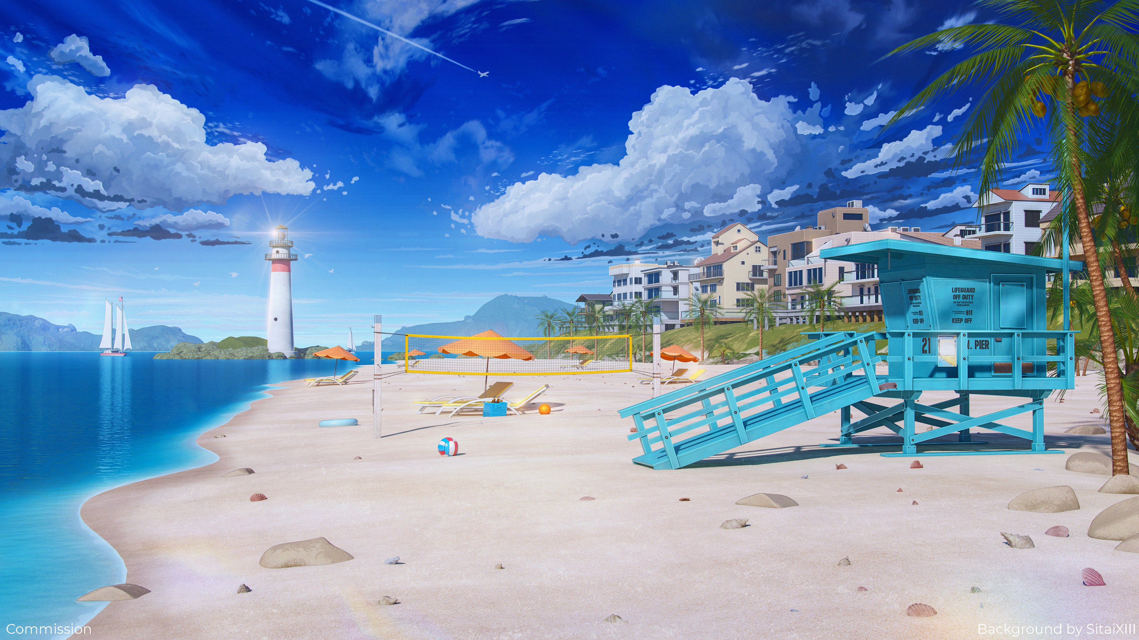 沙滩边遥望灯塔