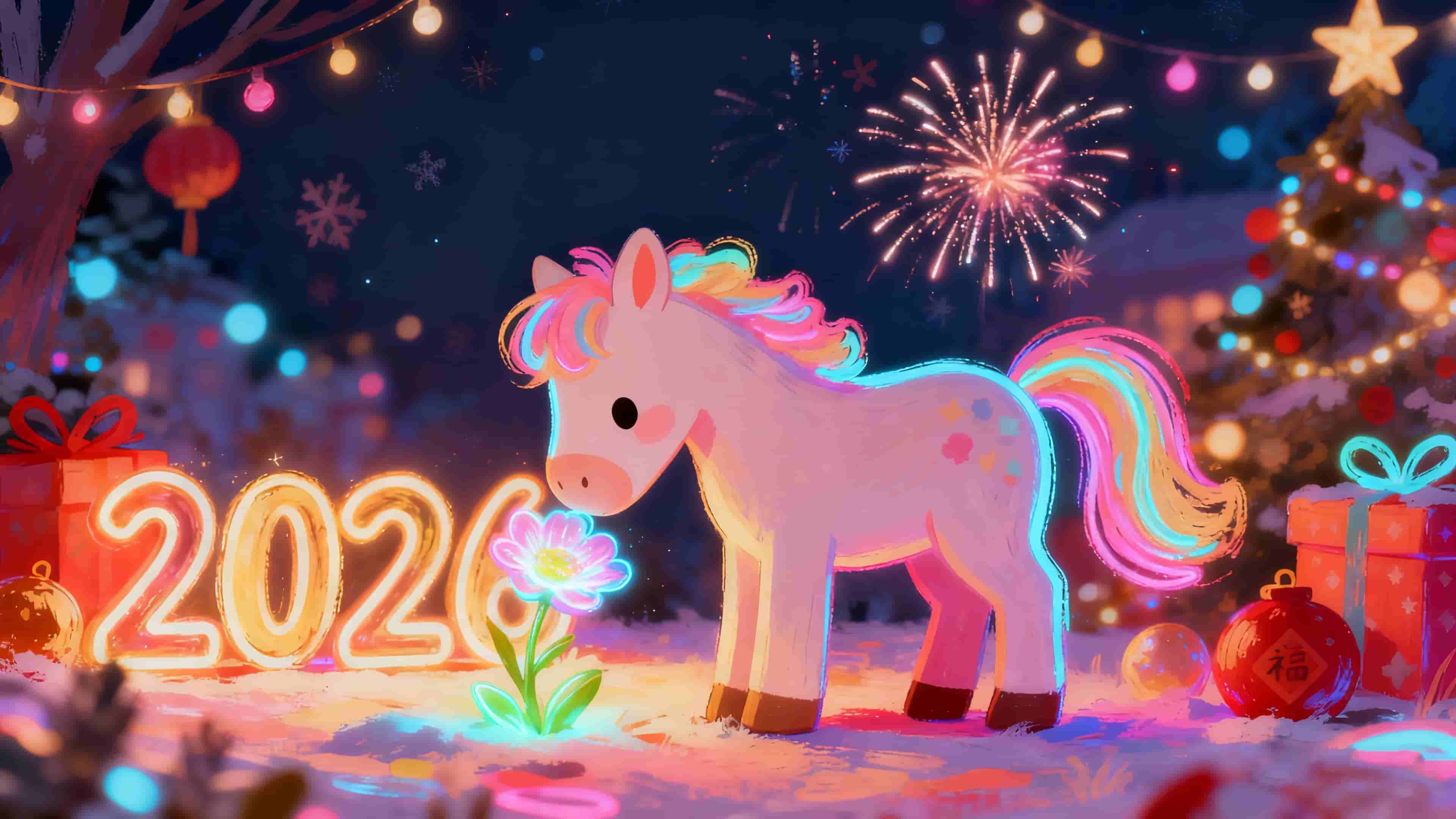 2026壁纸  夜晚 烟花 小马 花儿 4k壁纸