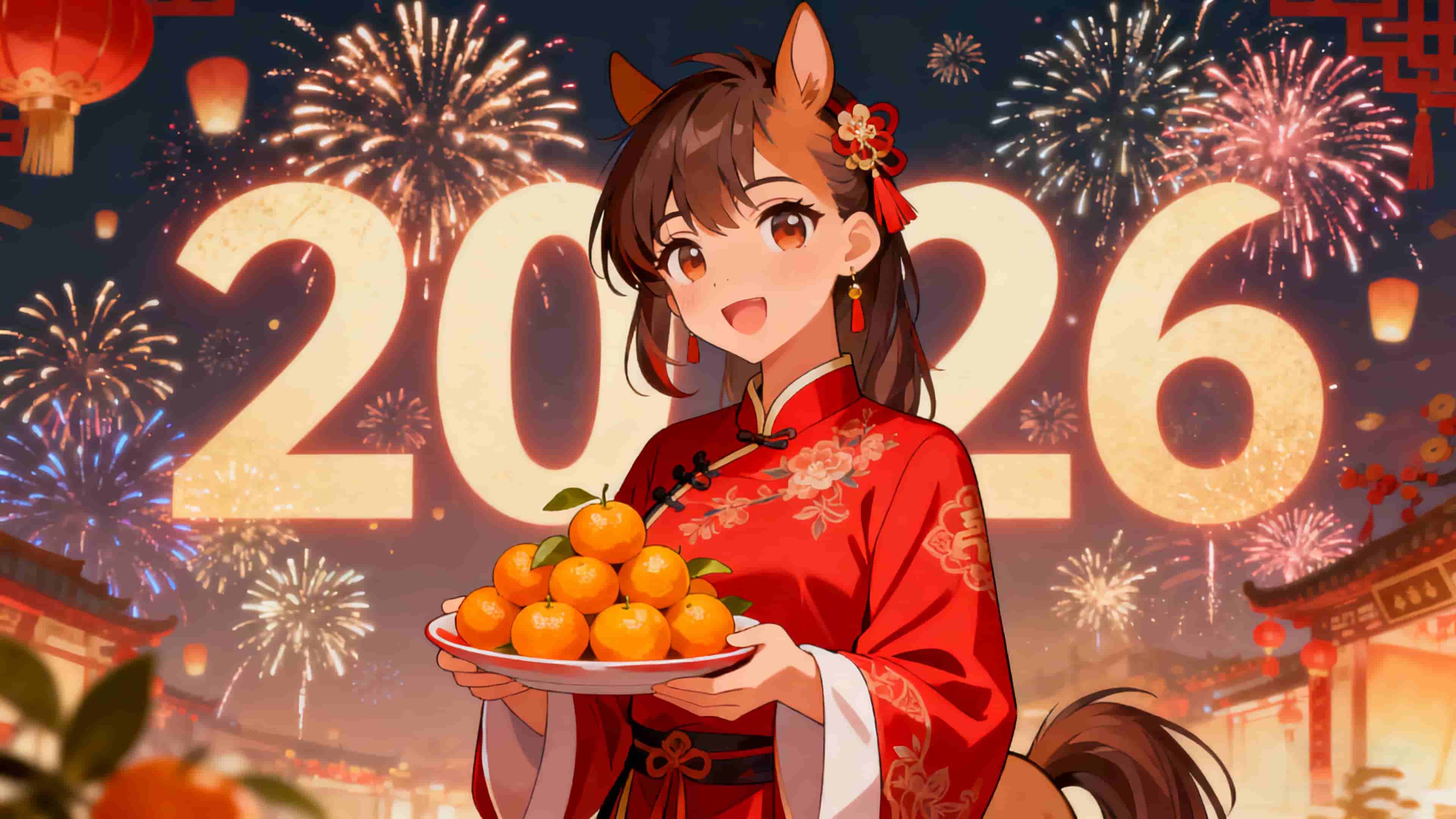 2026壁纸 红色衣服女孩姑娘 桔子 烟花 喜庆 4K壁纸