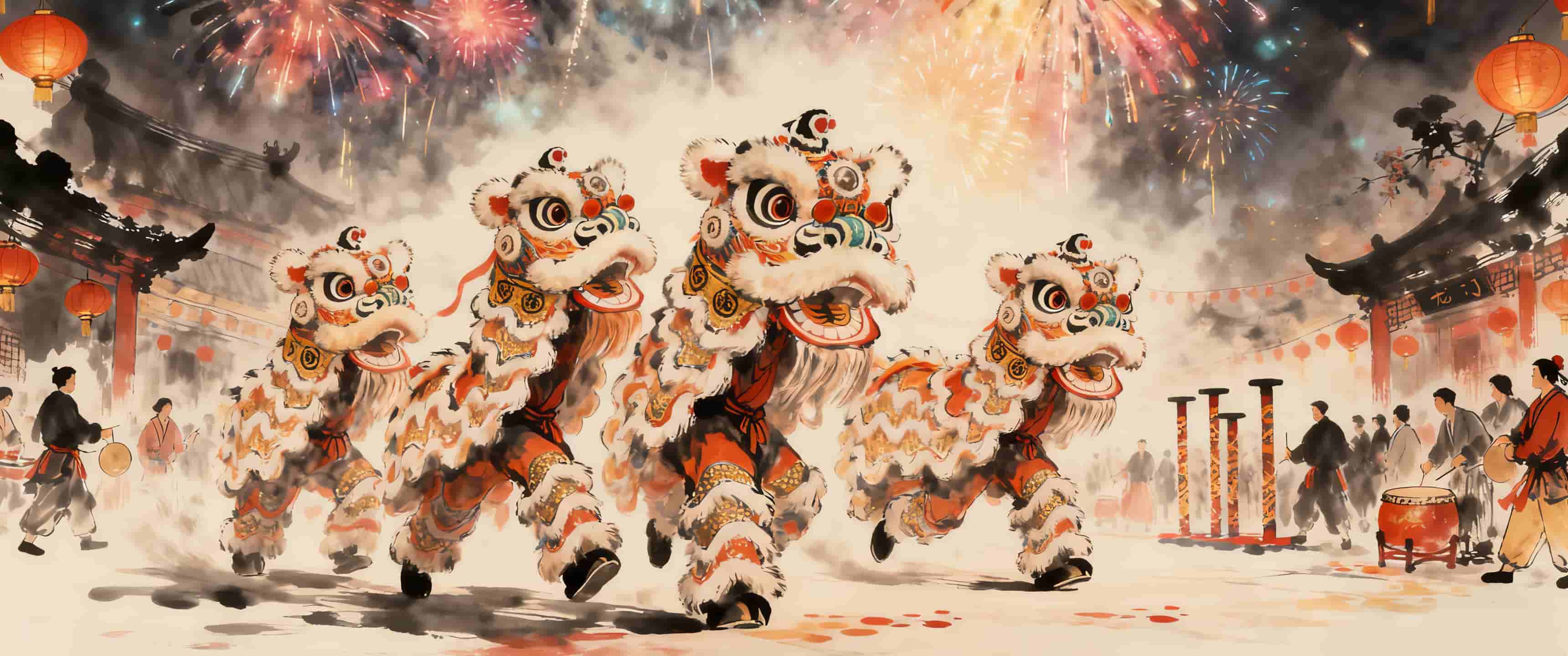 2026新年 舞狮 烟花 灯笼 3440×1440带鱼屏壁纸