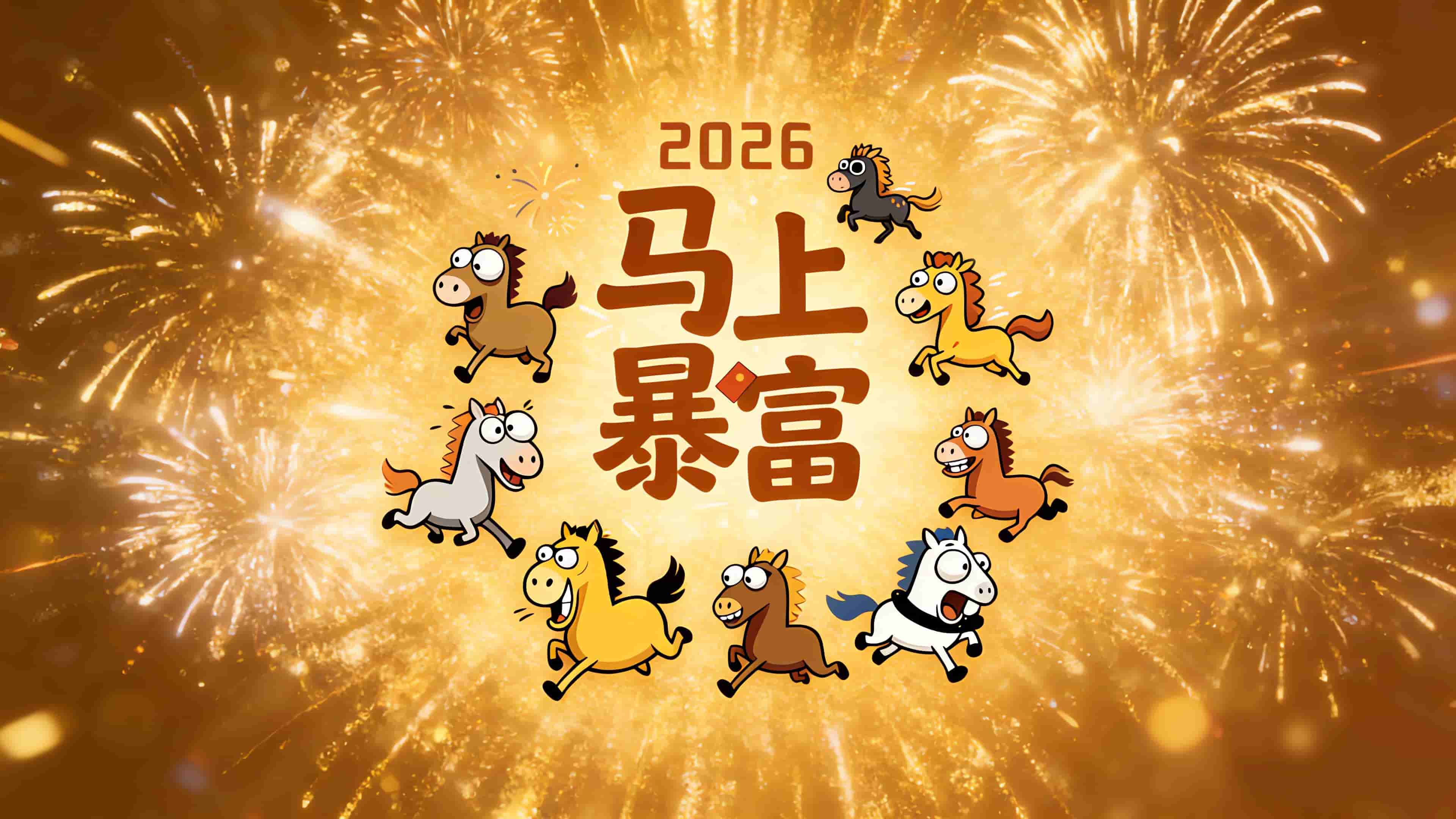2026壁纸 马上暴富 可爱马儿 烟花喜庆橙色背景 4K壁纸