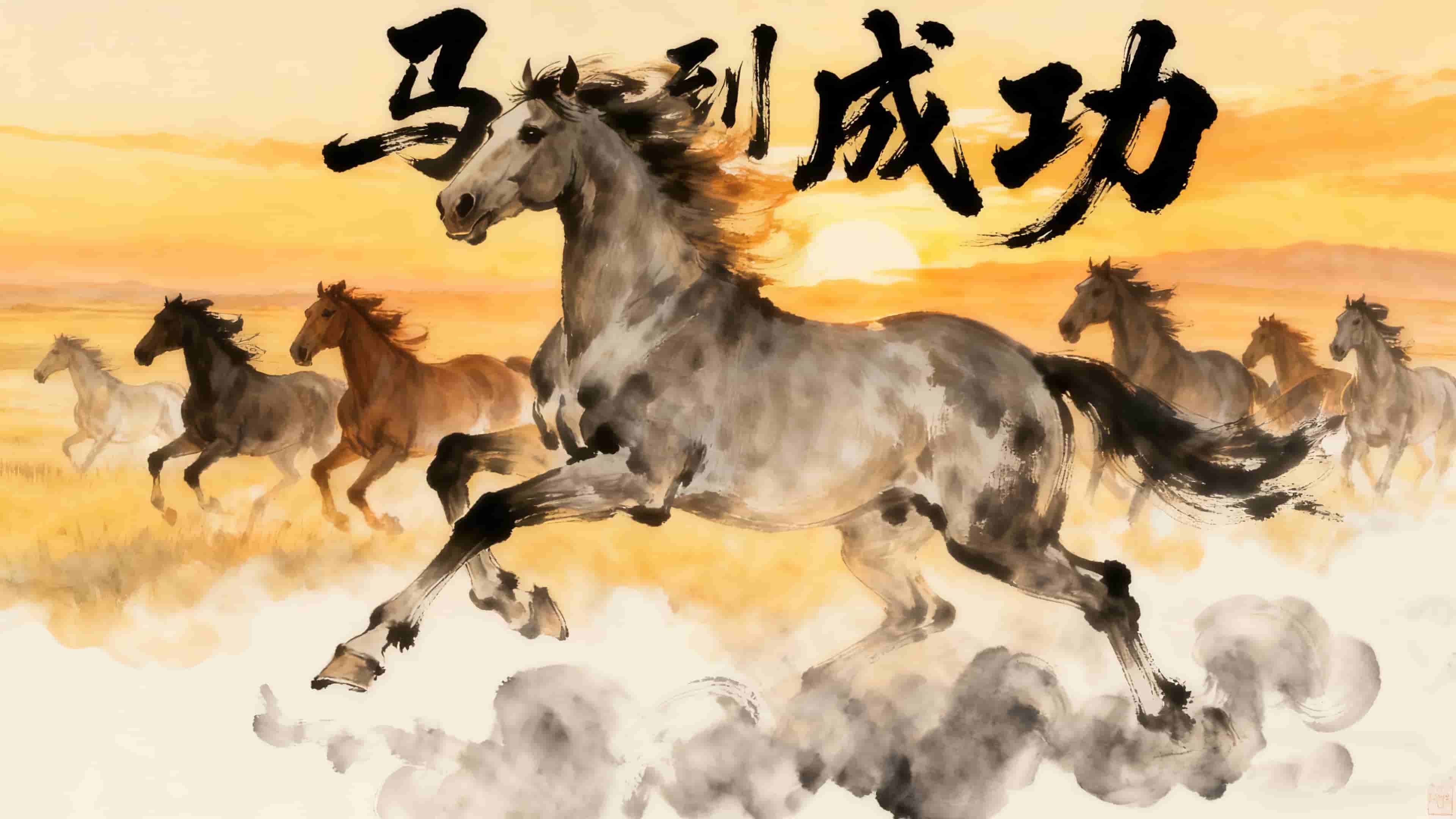 2026壁纸 马到成功 高大帅气骏马 草原奔跑 水墨风 4k壁纸
