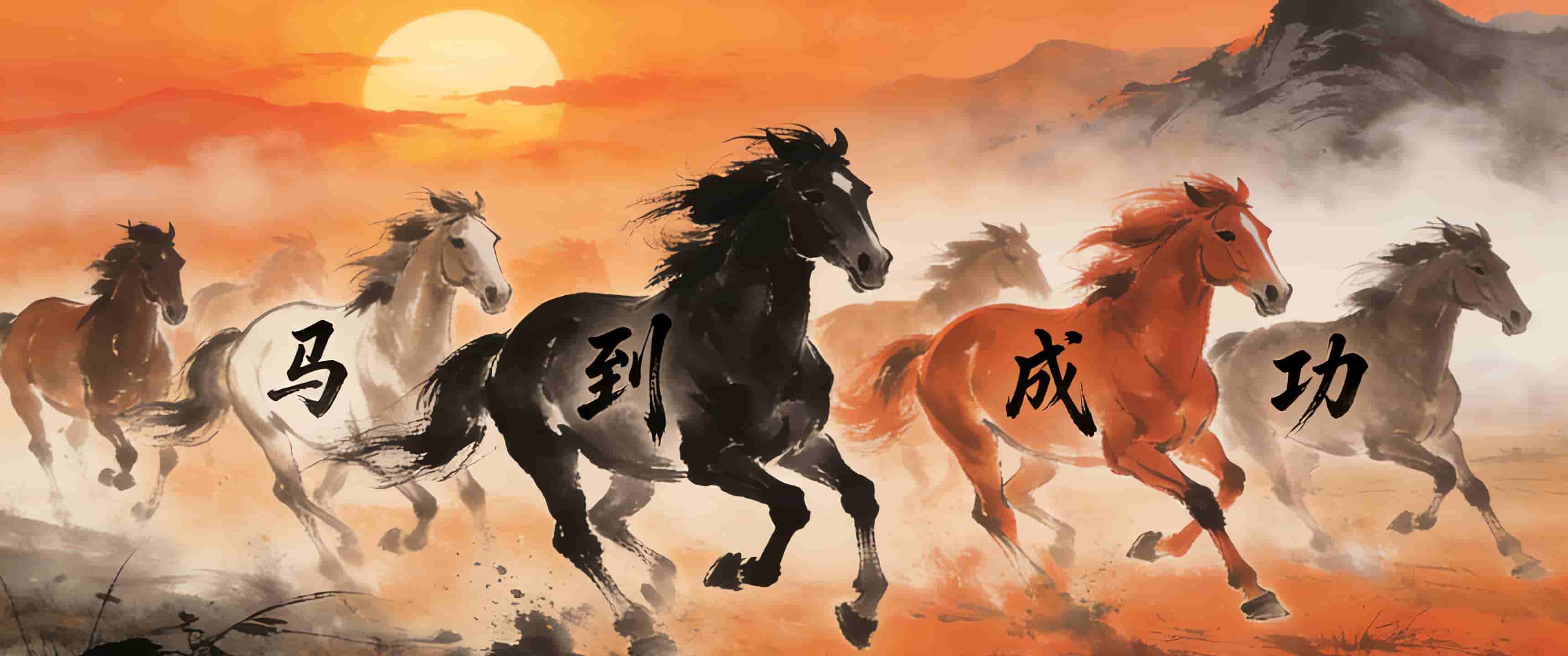 2026壁纸 日出 马到成功 骏马 水墨风 带鱼屏壁纸