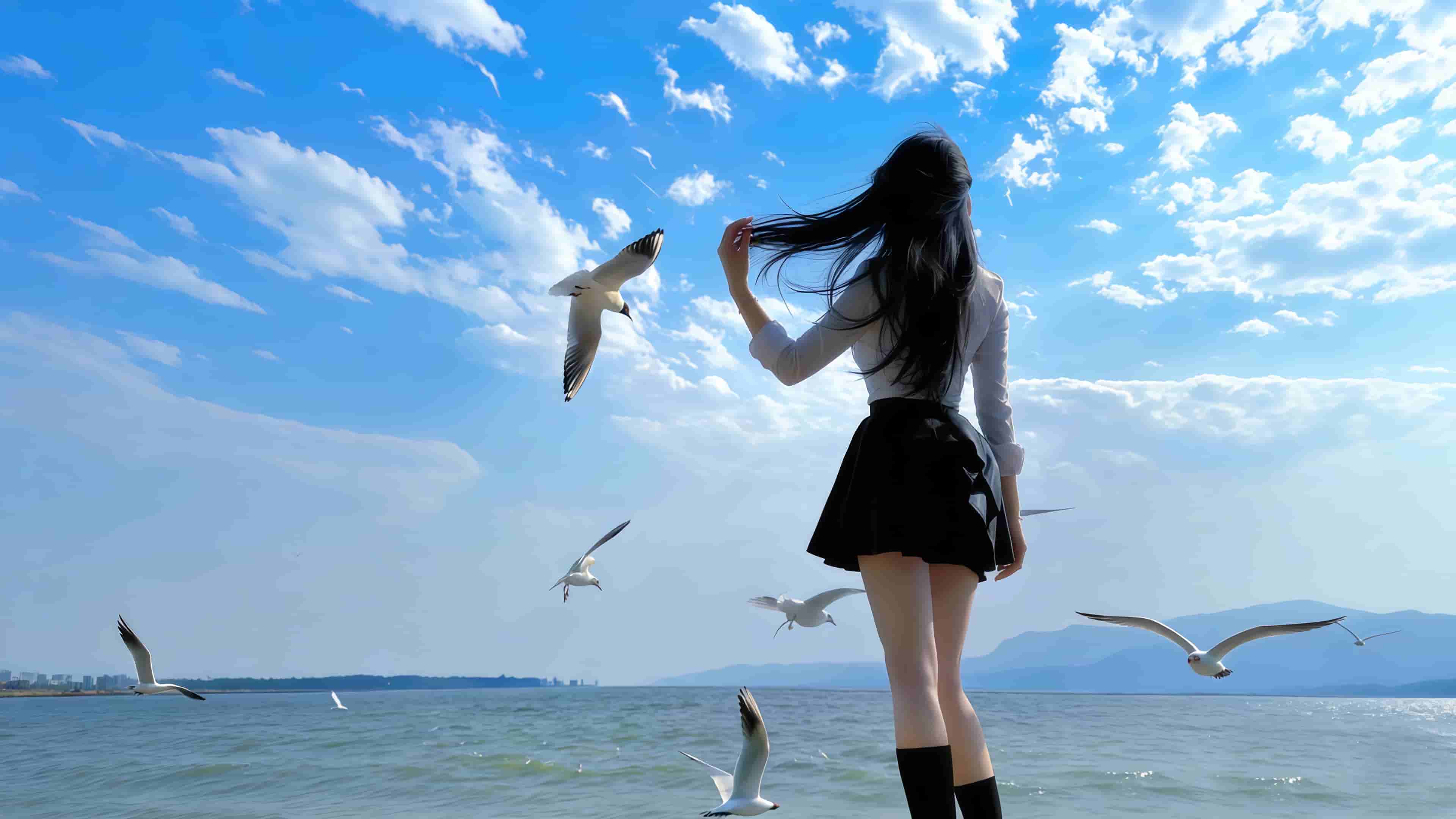 海边 长发美女背影 4K壁纸