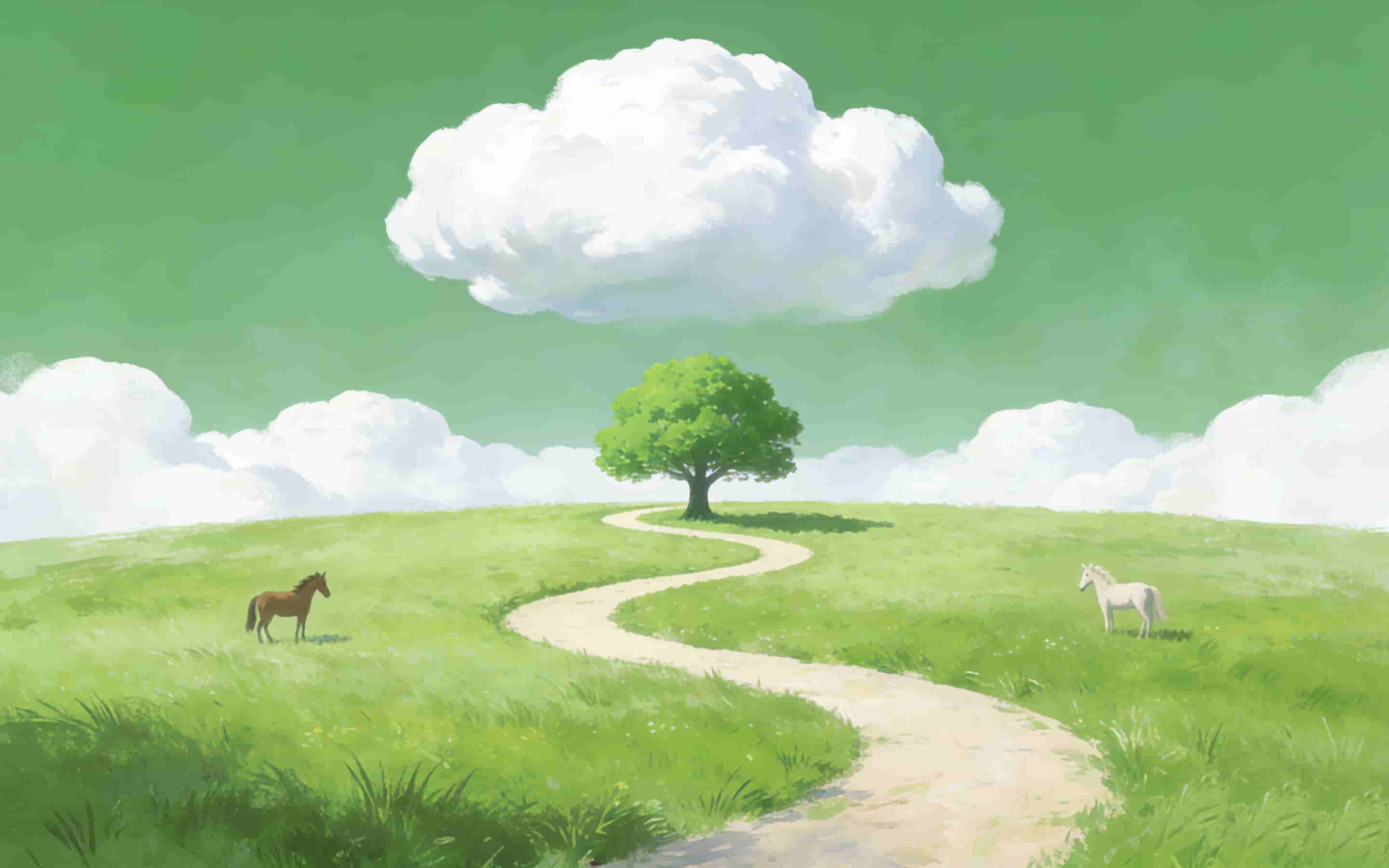 绿色天空 白色云朵 草地 马儿 弯曲小路 小树