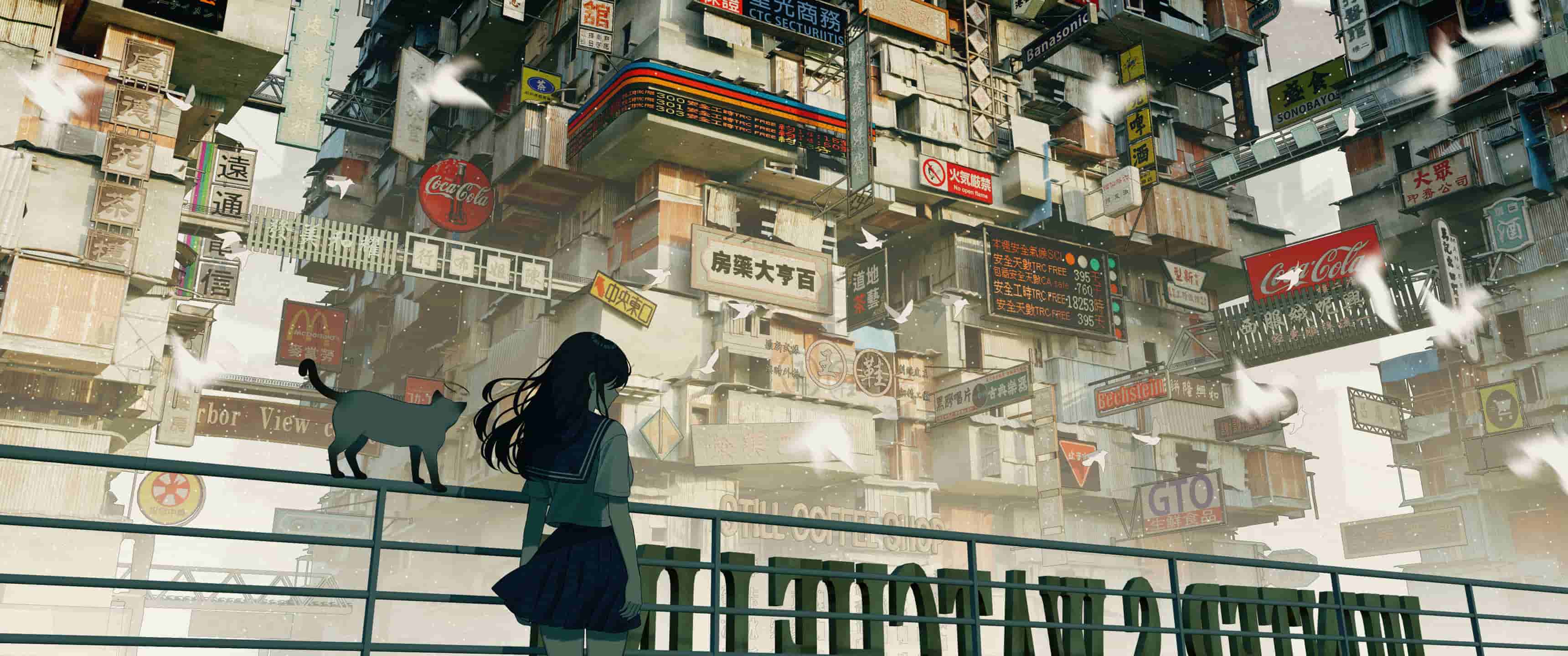 长发的女学生站立 栏杆 猫 旧城市建筑