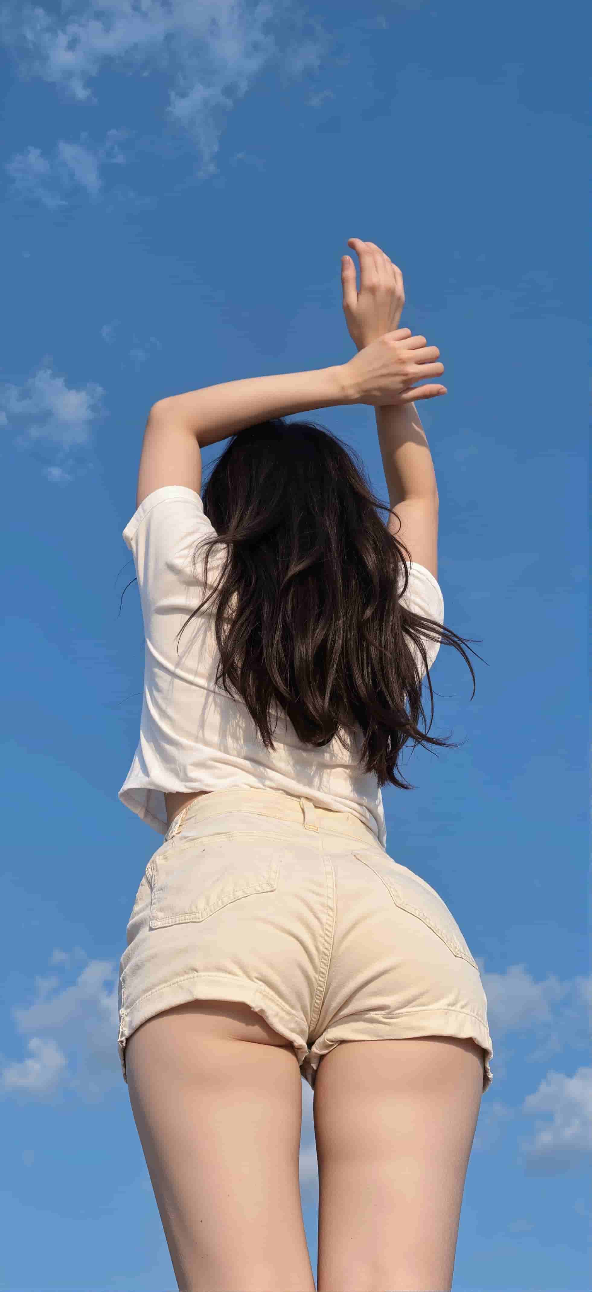 仰拍视角 蓝天白云下的短裤美女背影手机