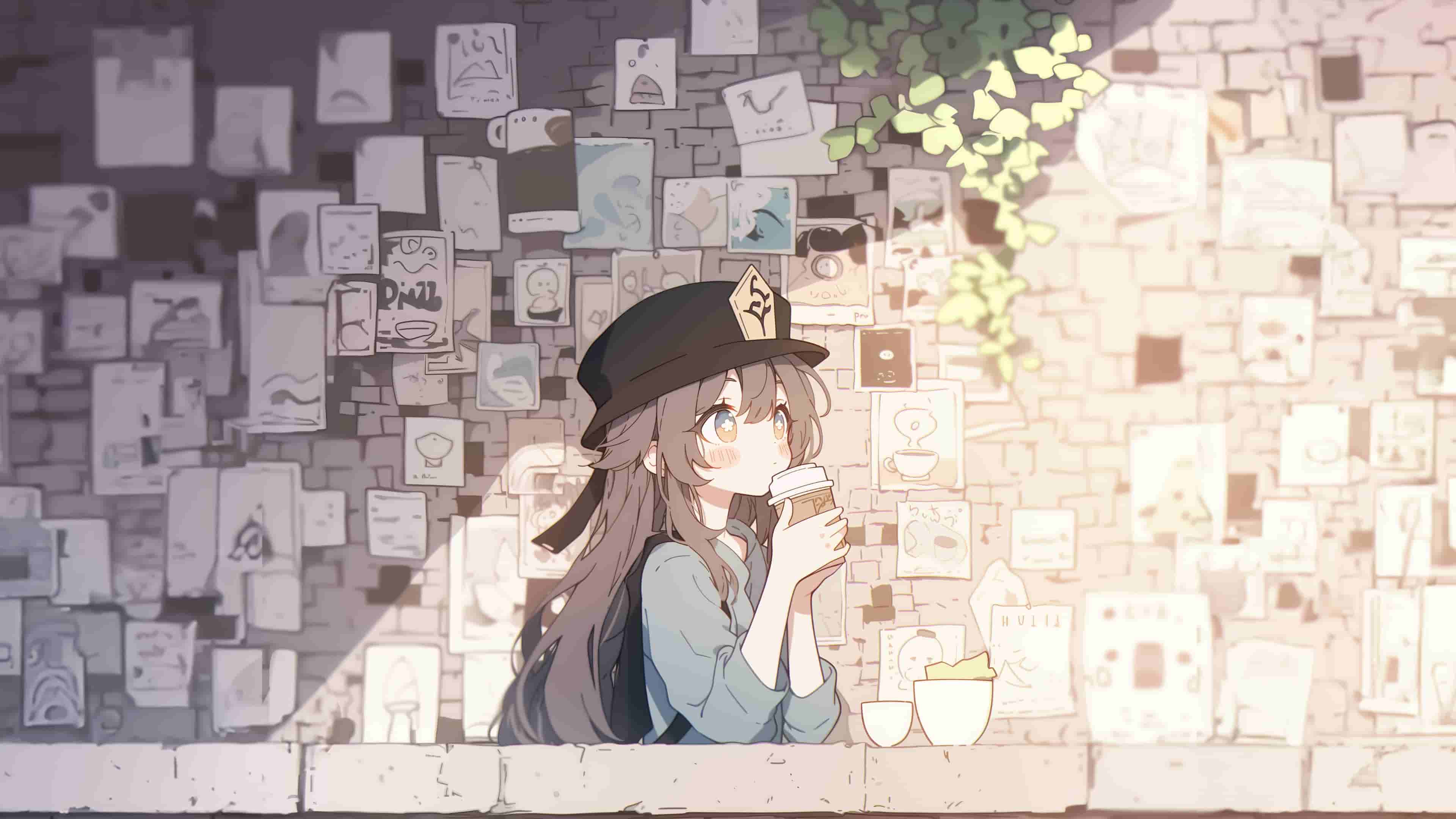 艺术墙前喝咖啡的少女动漫插画壁纸