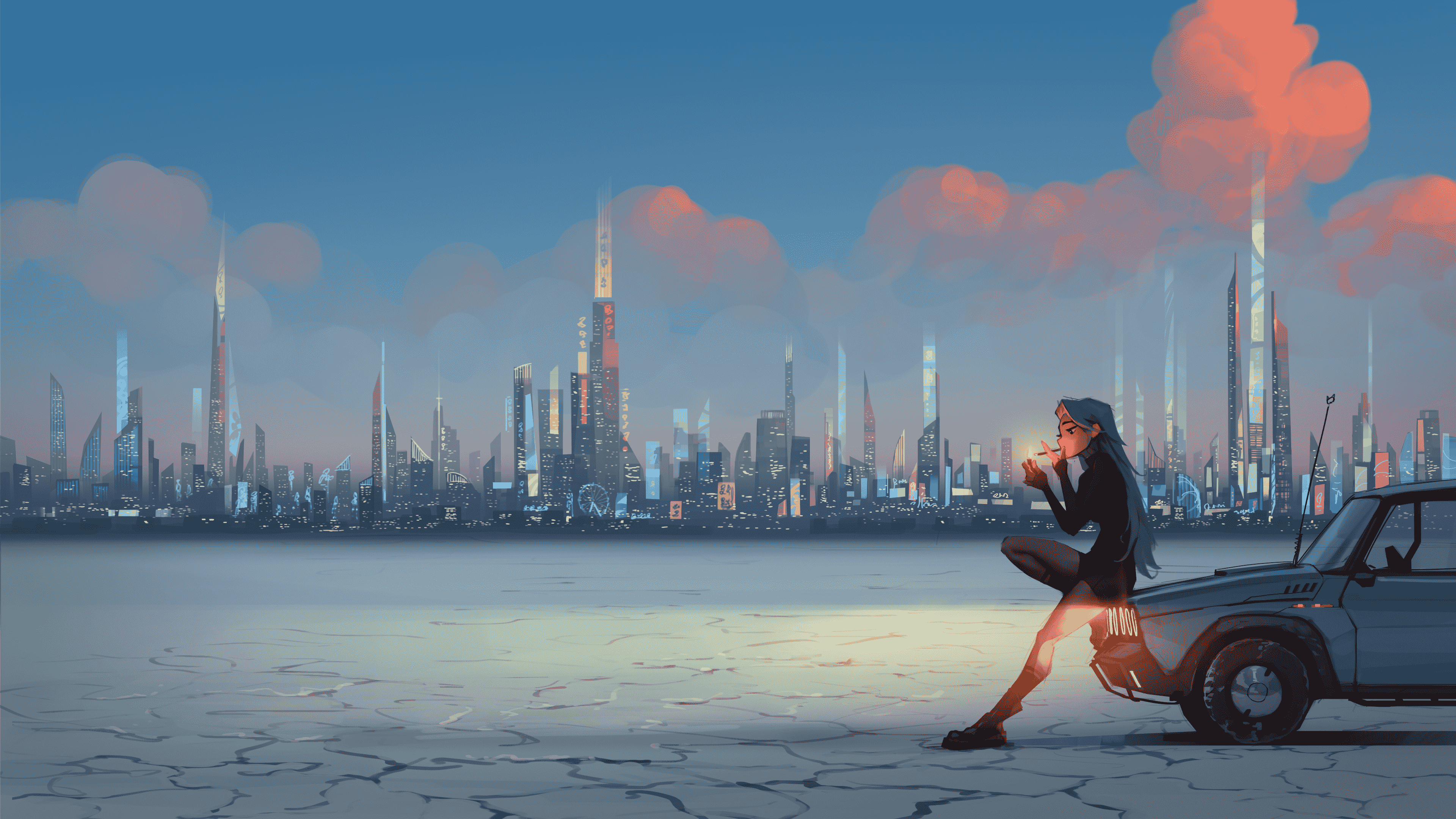 赛博朋克城市女性汽车场景壁纸