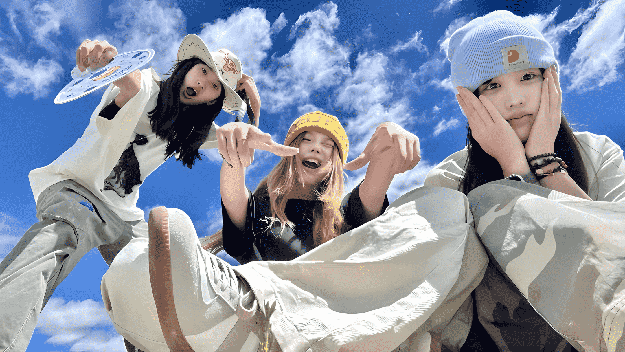 青春少女户外搞怪合影 蓝天背景日系电脑壁纸