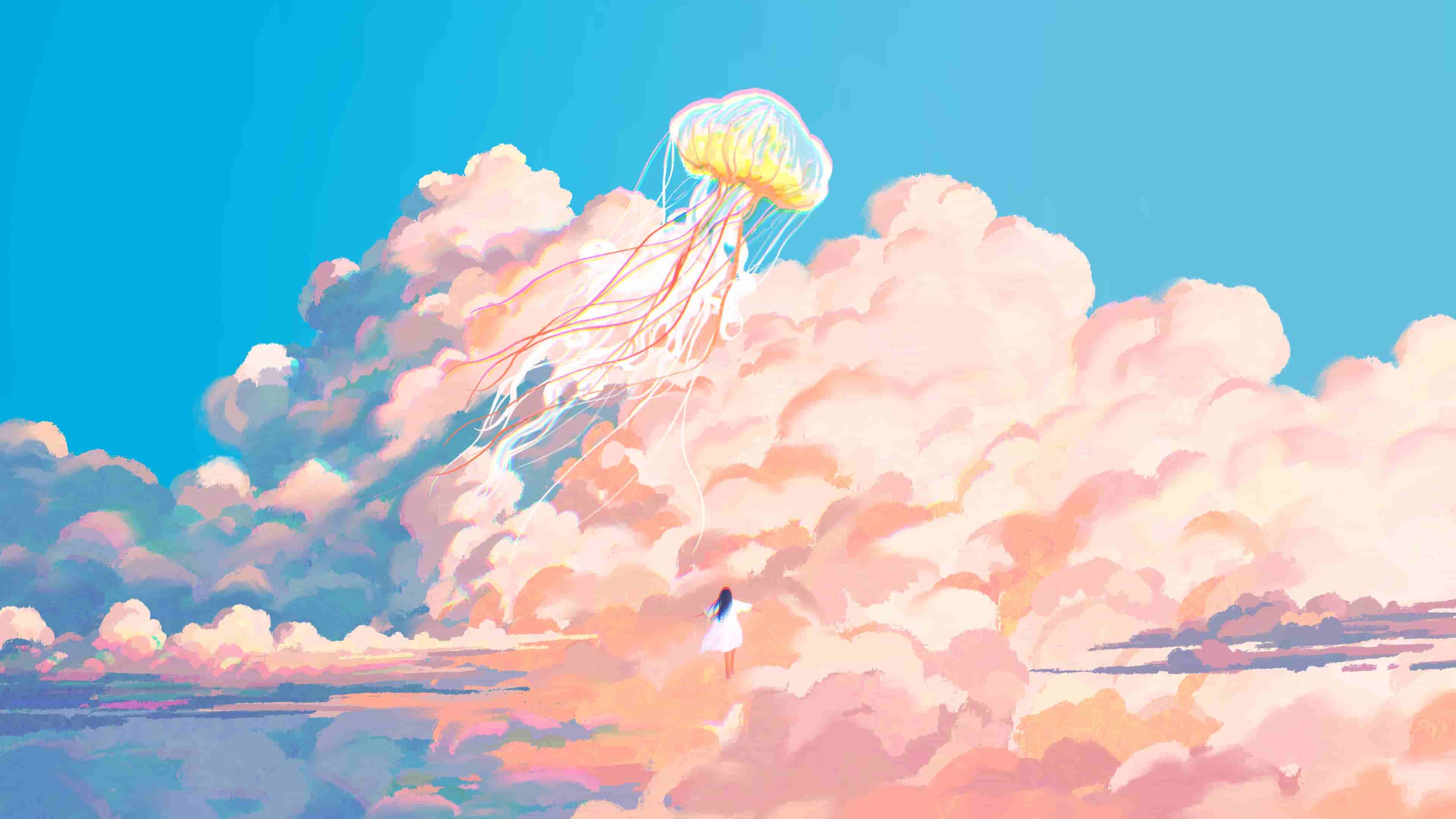 云海之上女孩追逐巨大水母的唯美画面