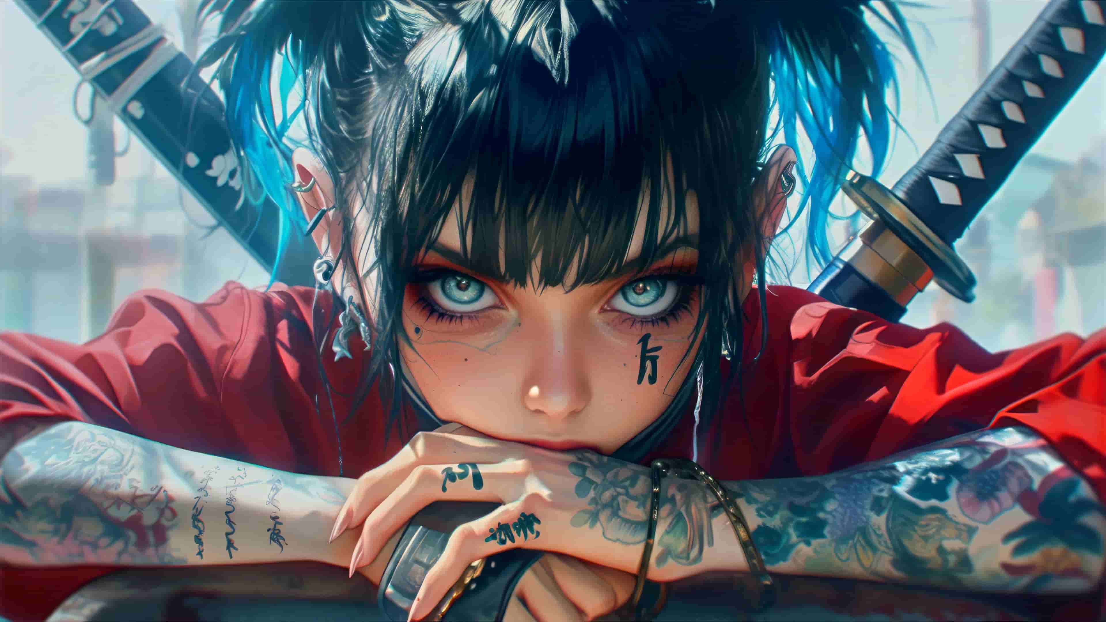 蓝发纹身武士少女双刀红衣街头风格动漫人物特写电脑壁纸