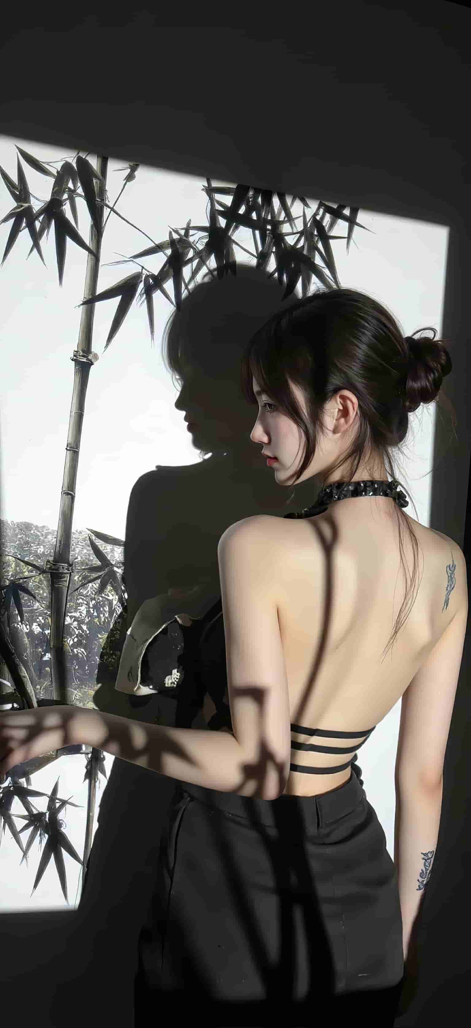 黑衣女子竹影侧身剪影手机壁纸