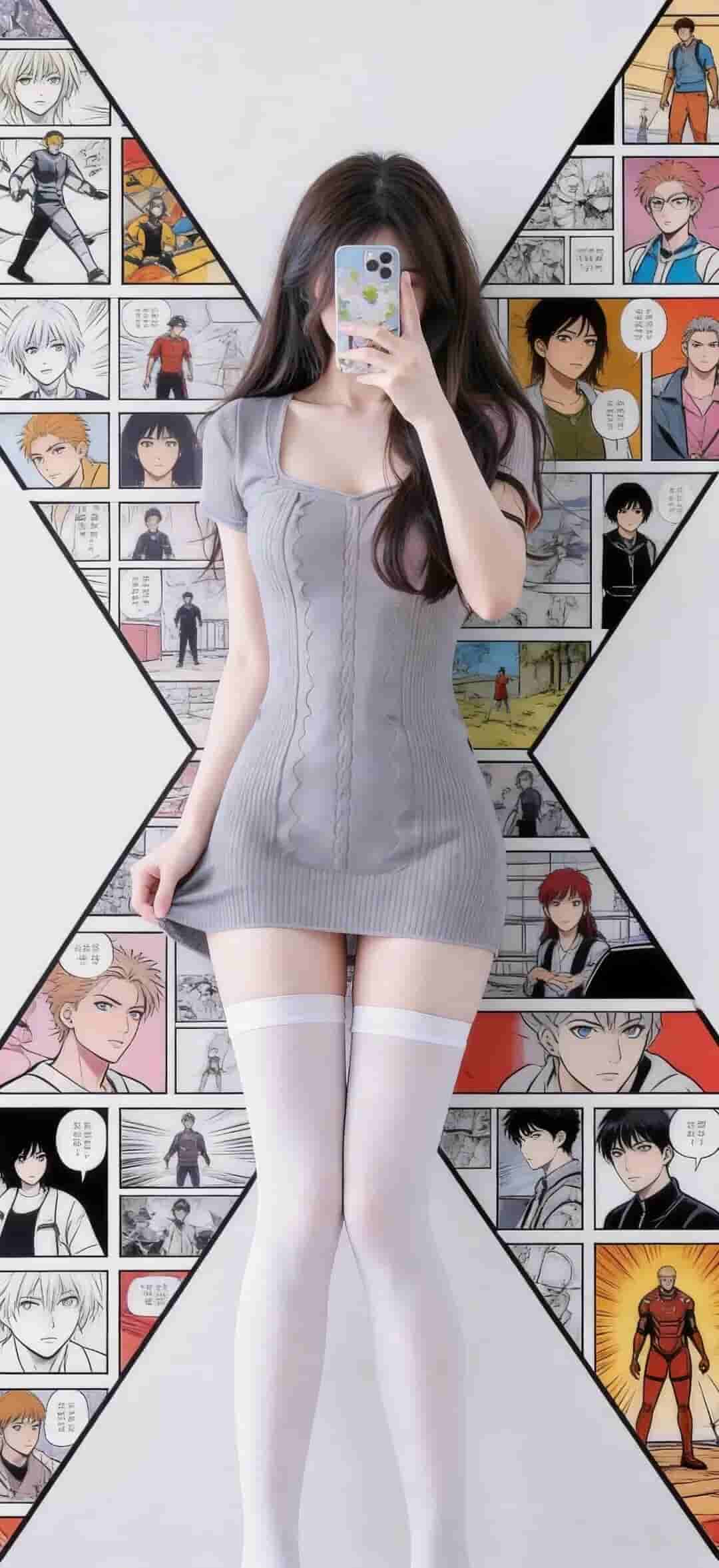 少女自拍遮脸漫画背景二次元宅风手机壁纸