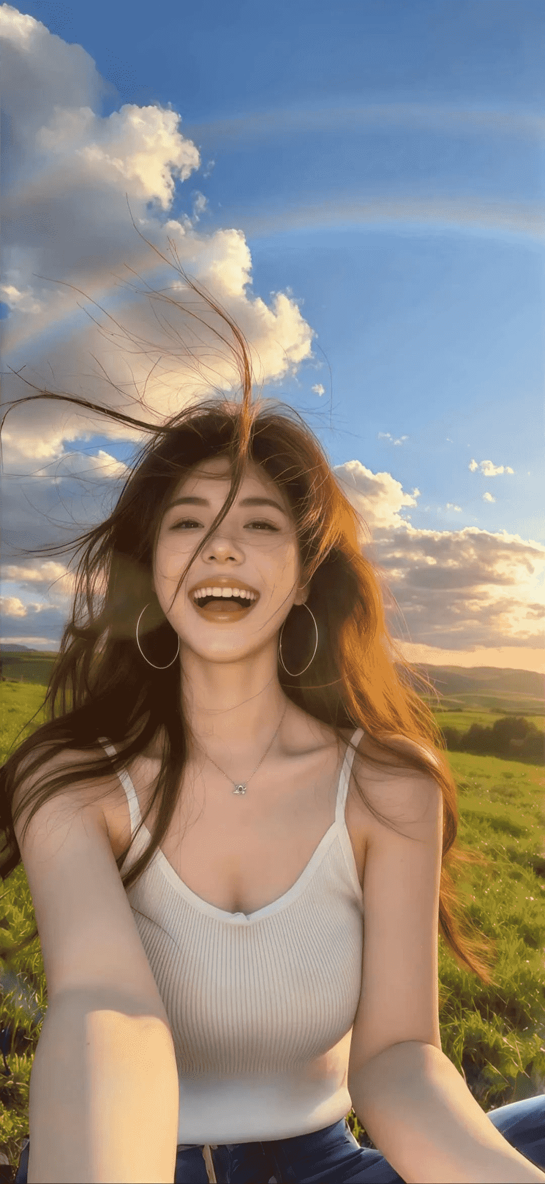 阳光草地彩虹下长发女孩开怀大笑手机壁纸