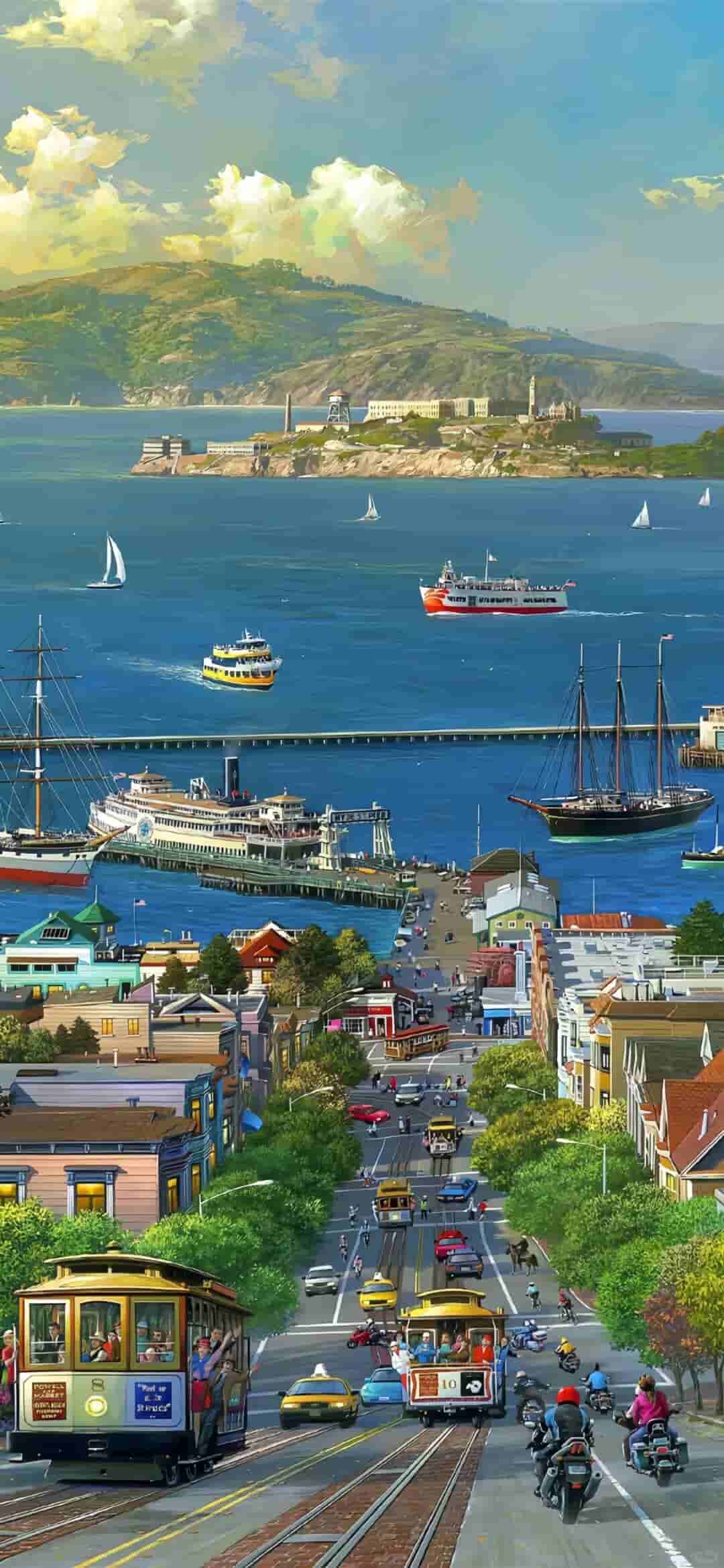 旧金山渔人码头金门大桥与恶魔岛风景插画手机壁纸