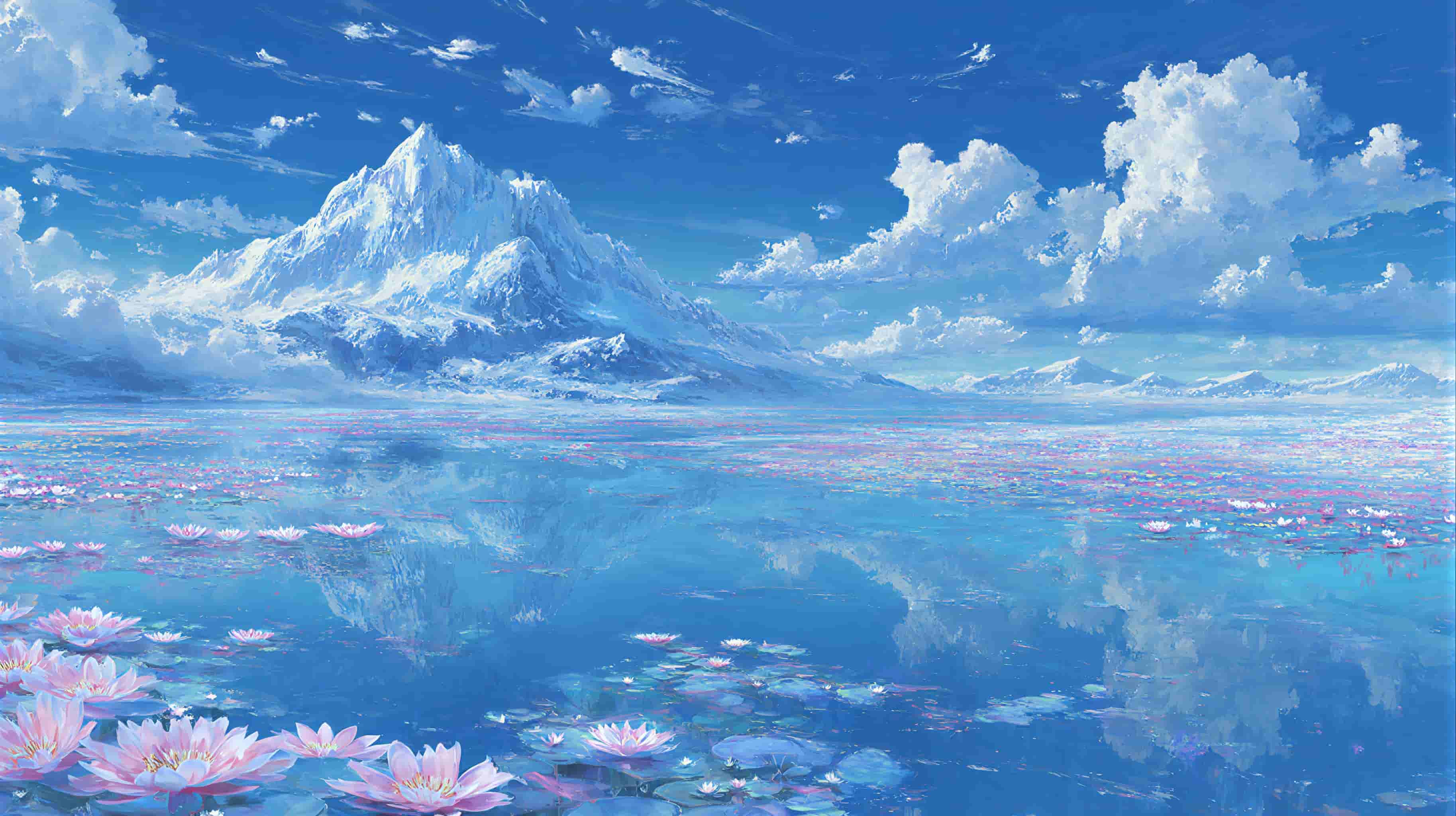 雪山湖面莲花盛开自然美景电脑壁纸