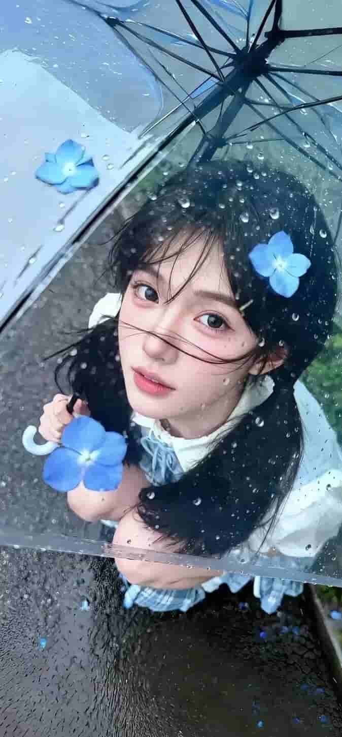雨中少女透明伞蓝绣球花清新写真手机壁纸