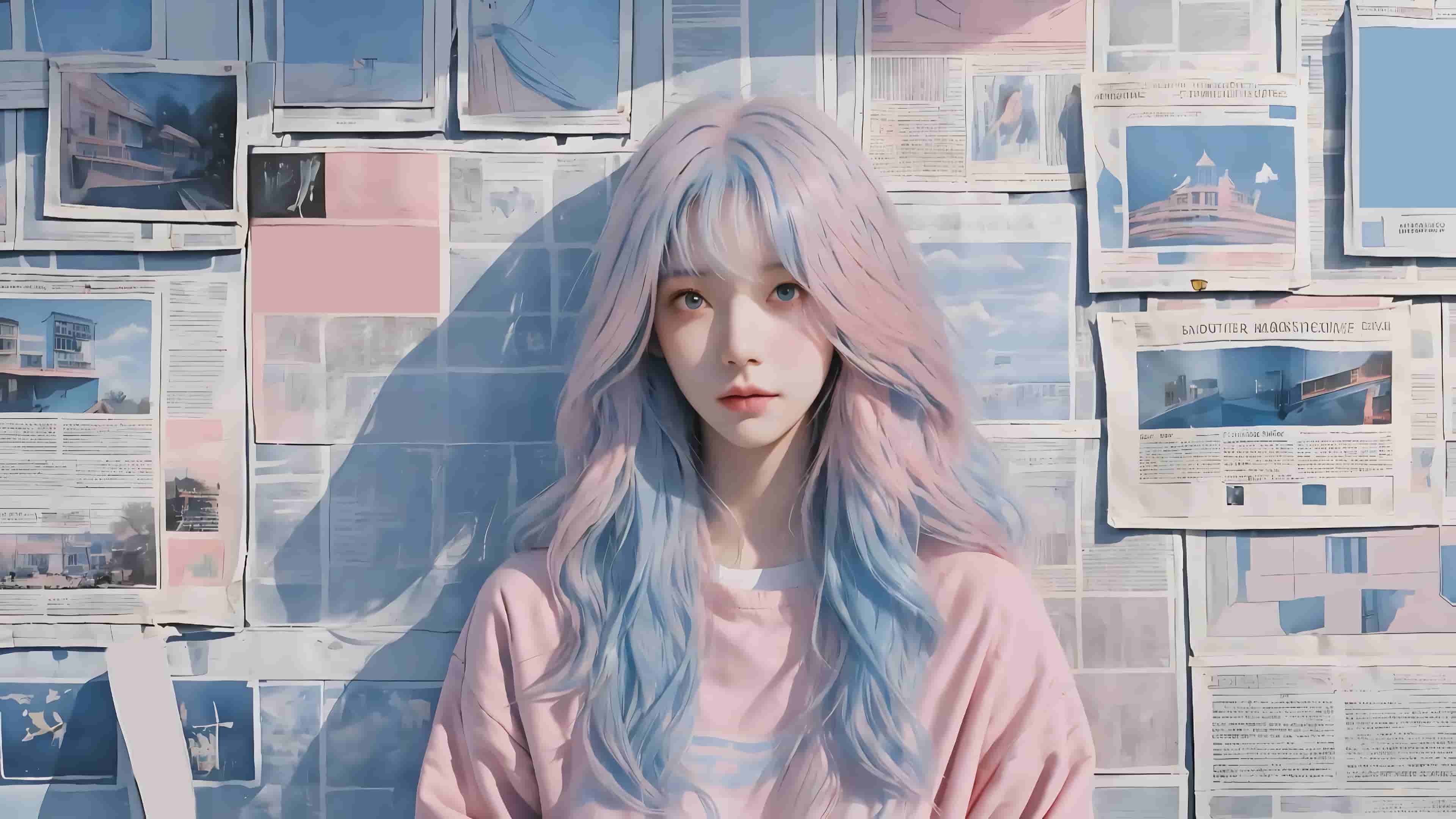 报纸 墙 粉红蓝色长头发少女