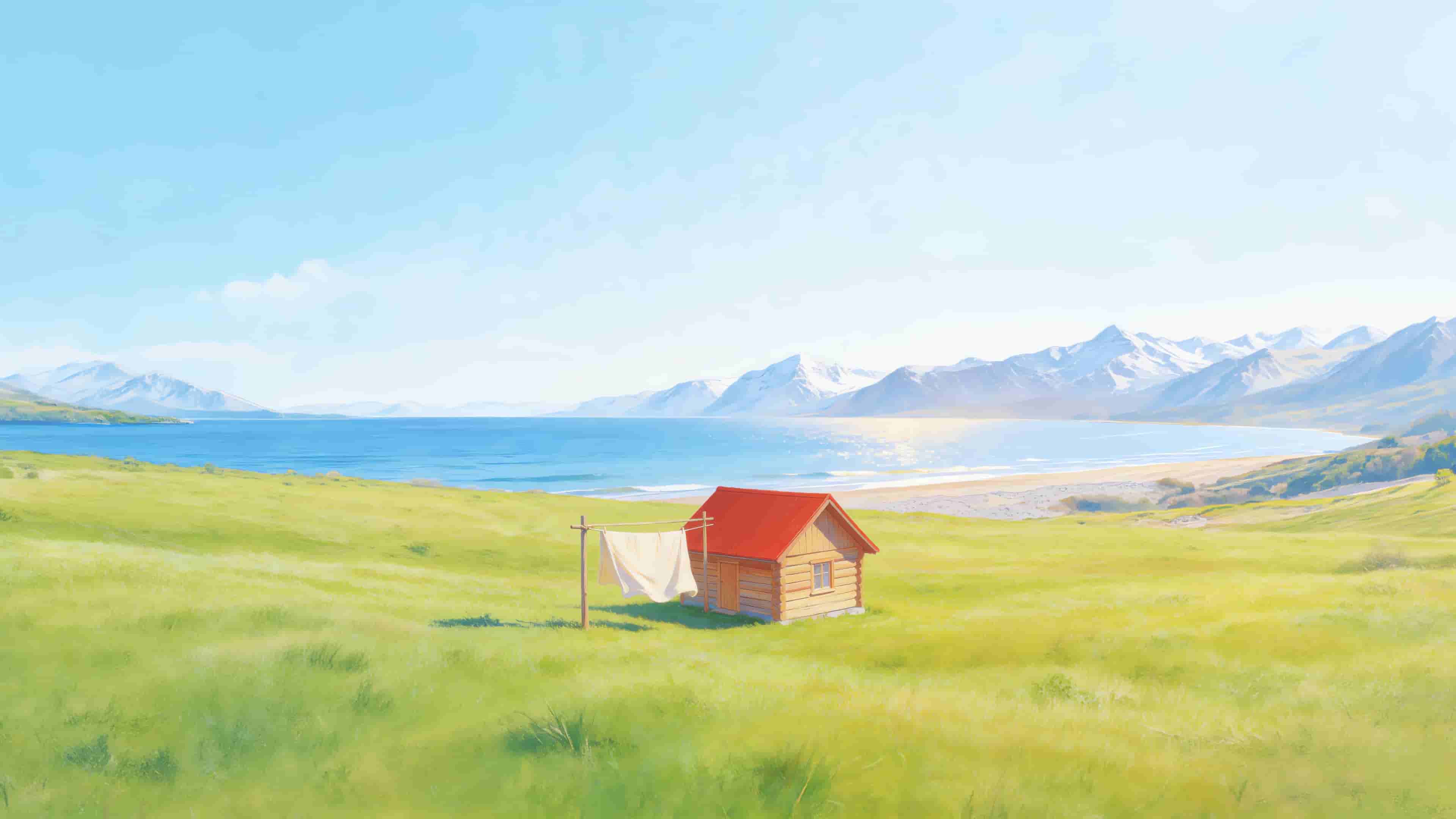 蓝天 湖水 山脉 雪山 绿草地 小木屋