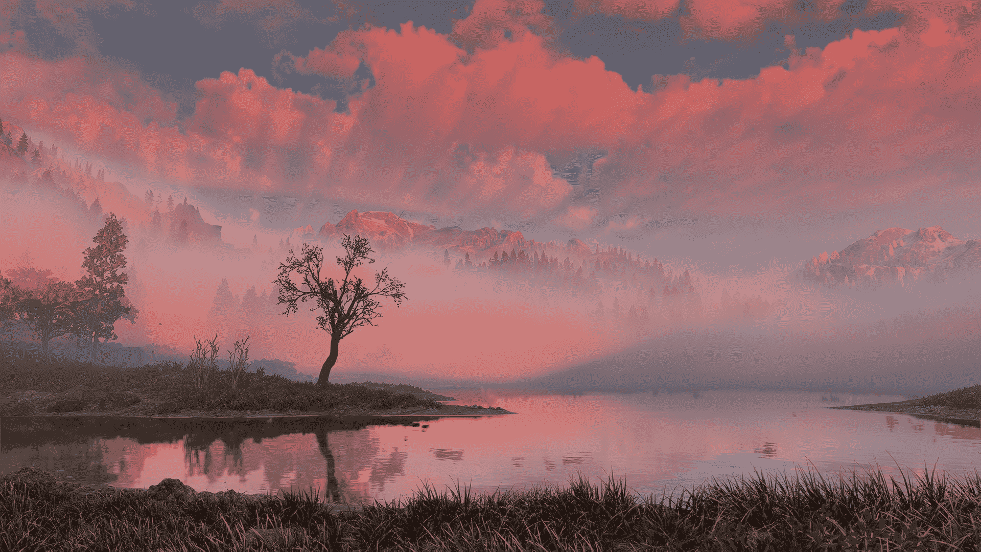 粉色云雾山林湖泊意境风景壁纸