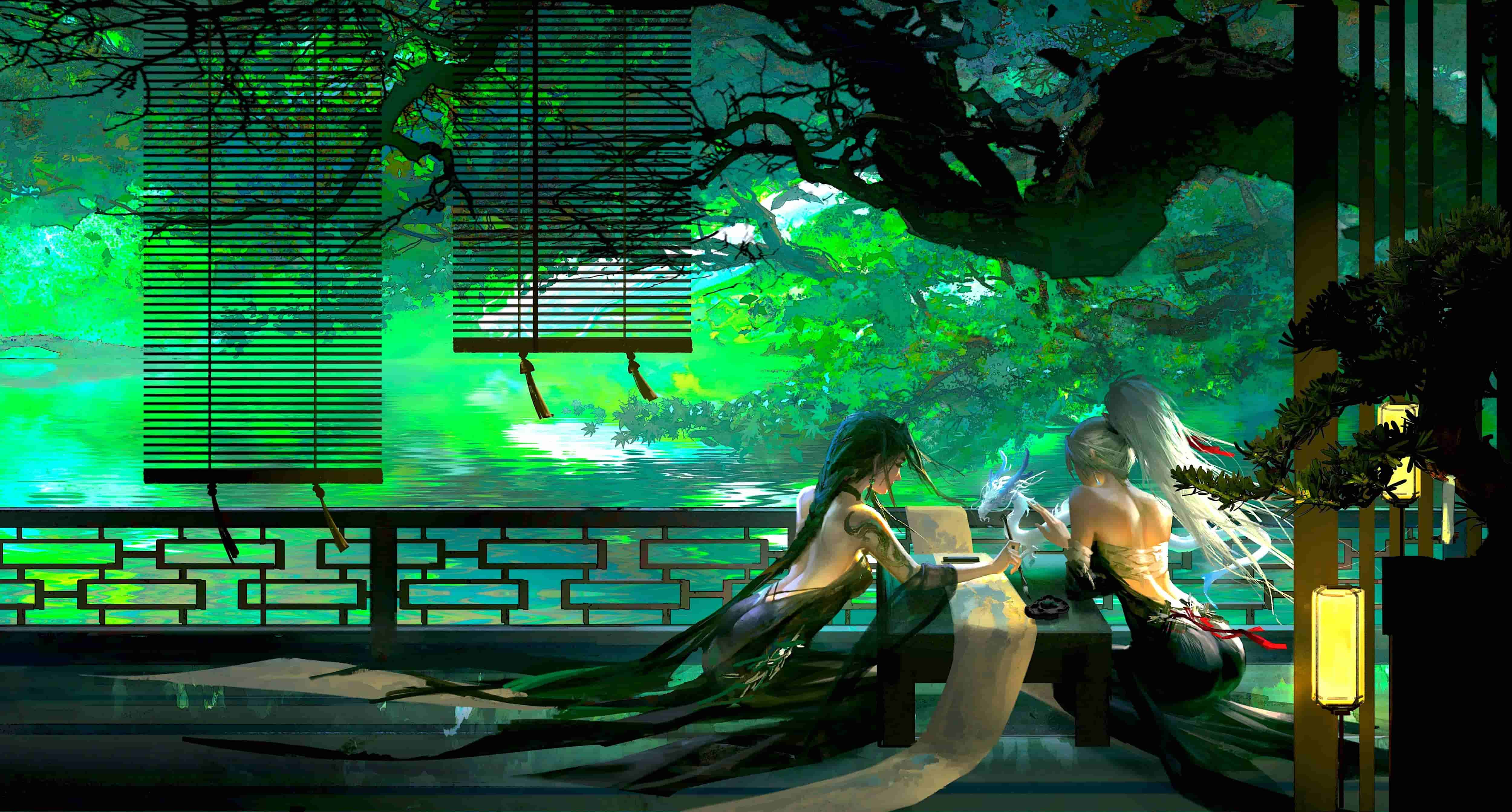 国风绿境双女对谈 治愈古风电脑壁纸