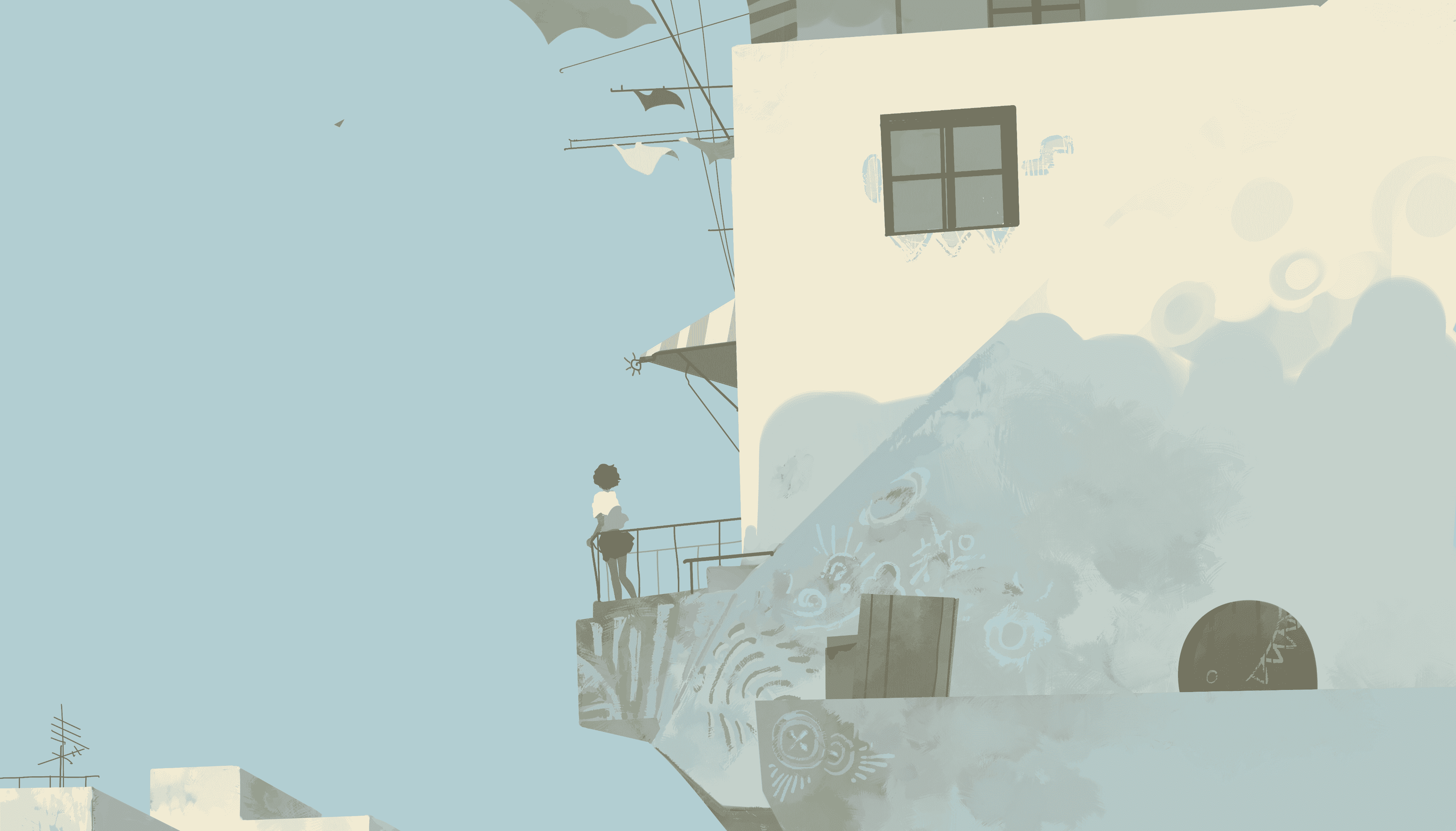 地中海风格建筑屋顶女孩眺望海景手绘简约治愈系插画电脑壁纸