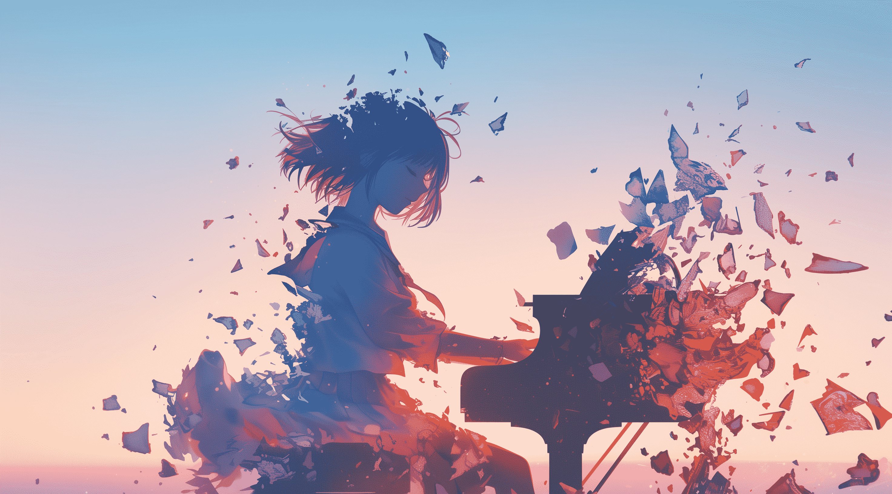 破碎钢琴少女剪影梦幻艺术壁纸