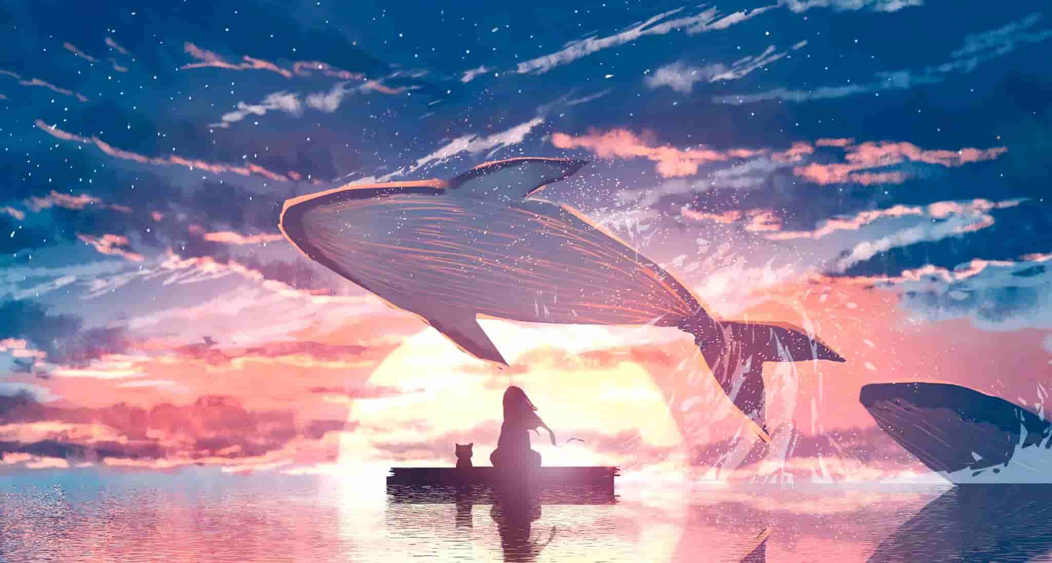 梦幻鲸鱼与少女日落插画壁纸