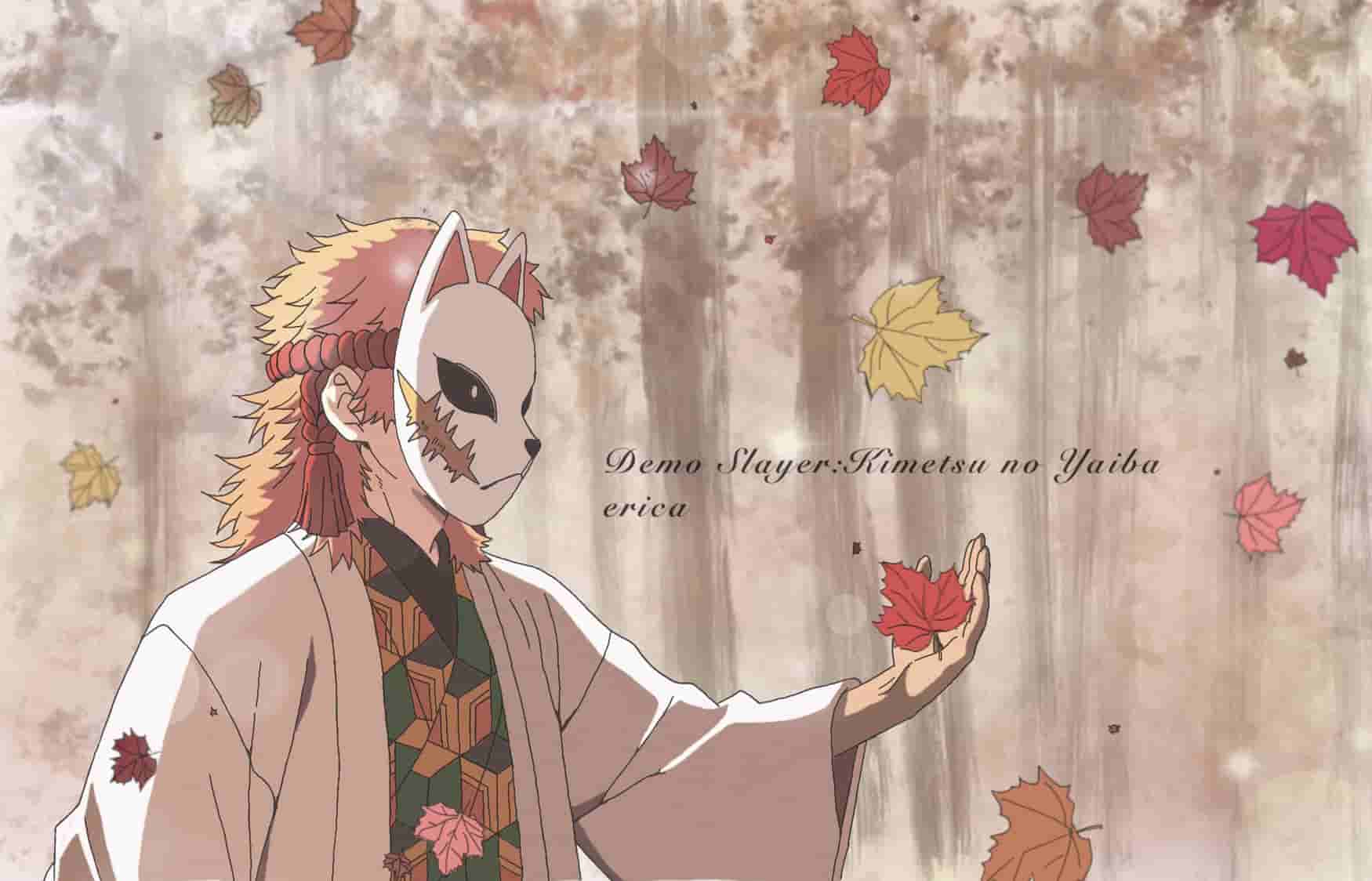 鬼灭之刃锖兔狐面具枫叶电脑壁纸