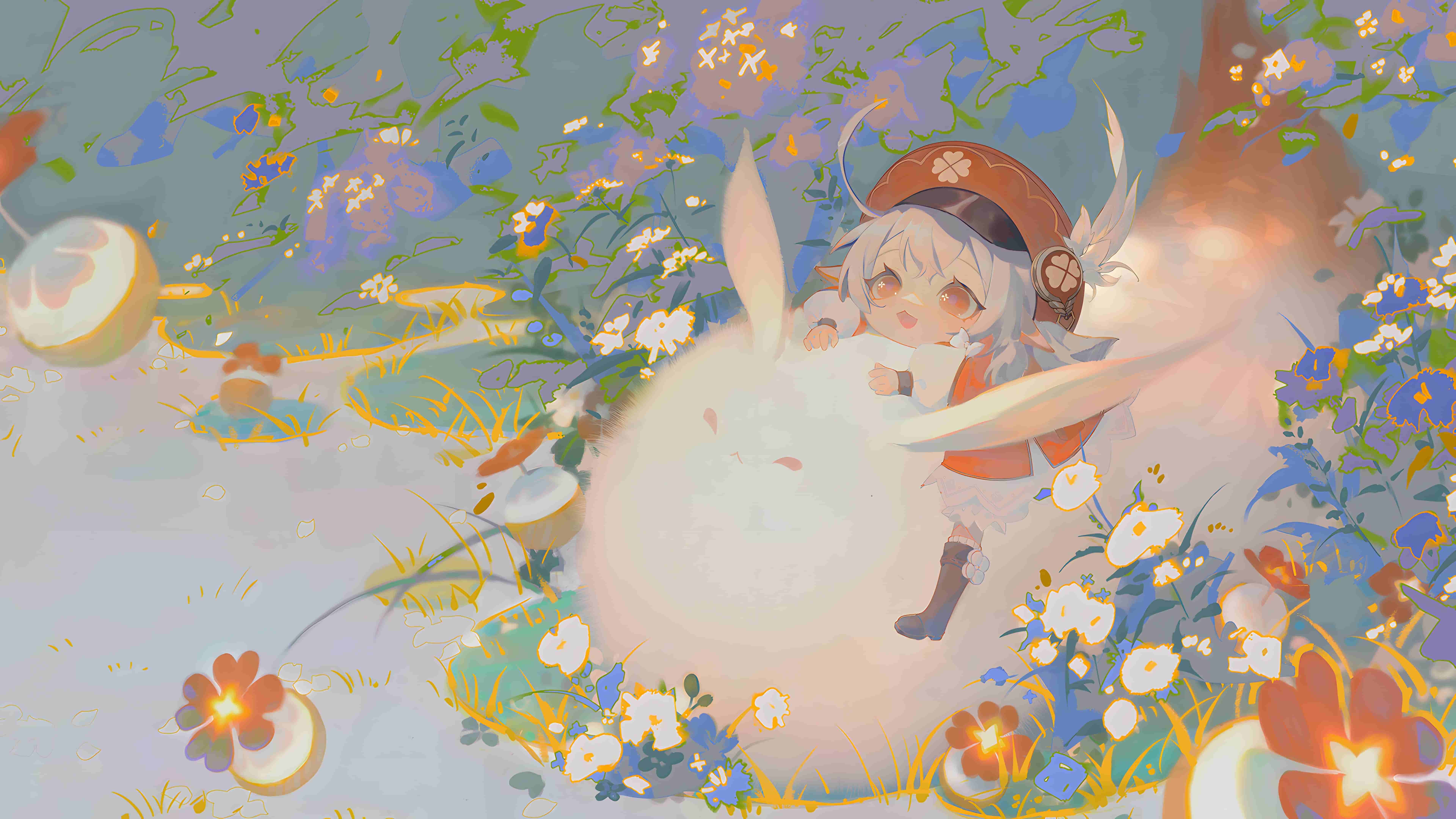 原神可莉银发少女拥抱绒兔四叶草电脑壁纸