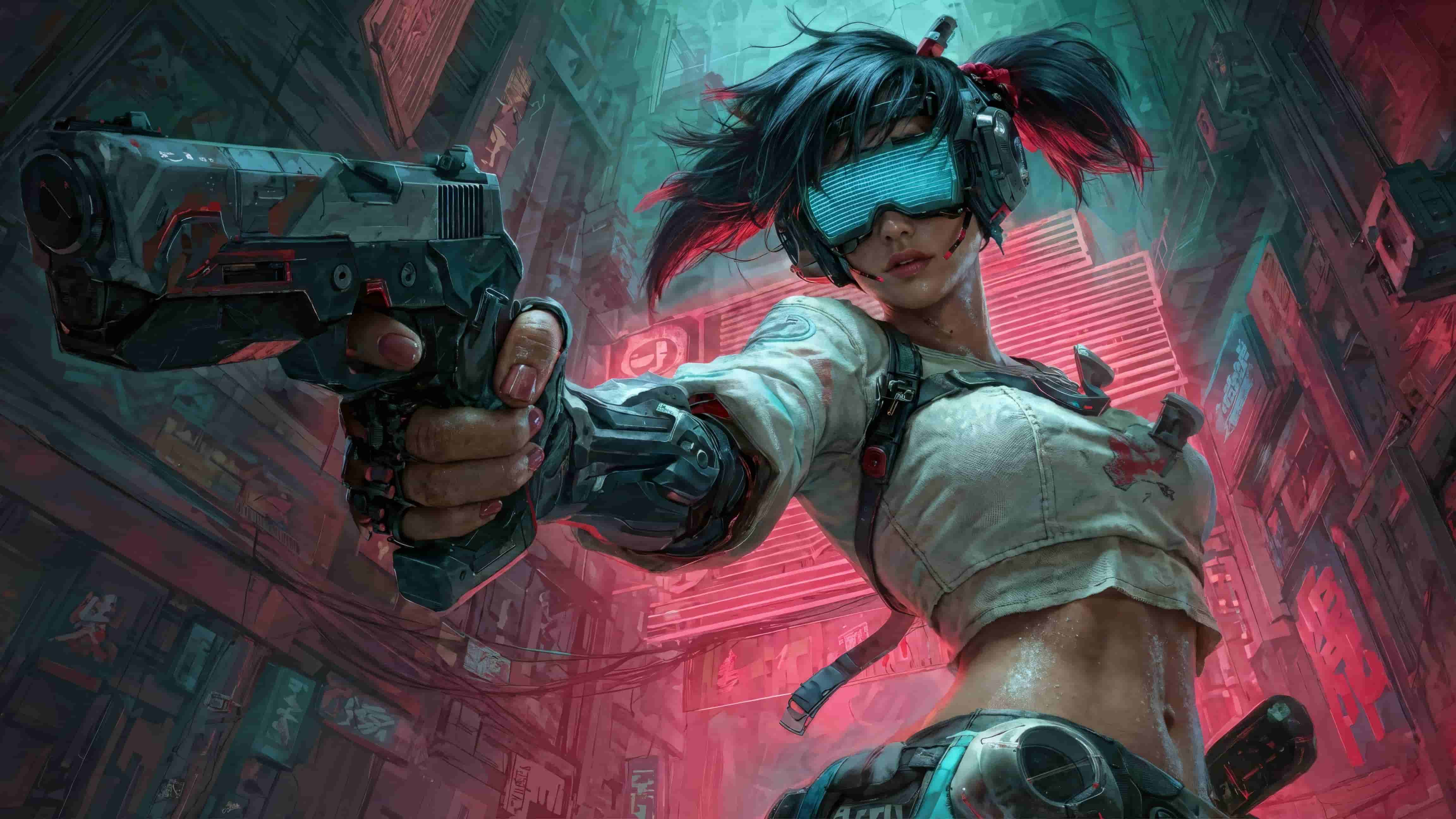 赛博朋克女性持枪霓虹都市电脑壁纸