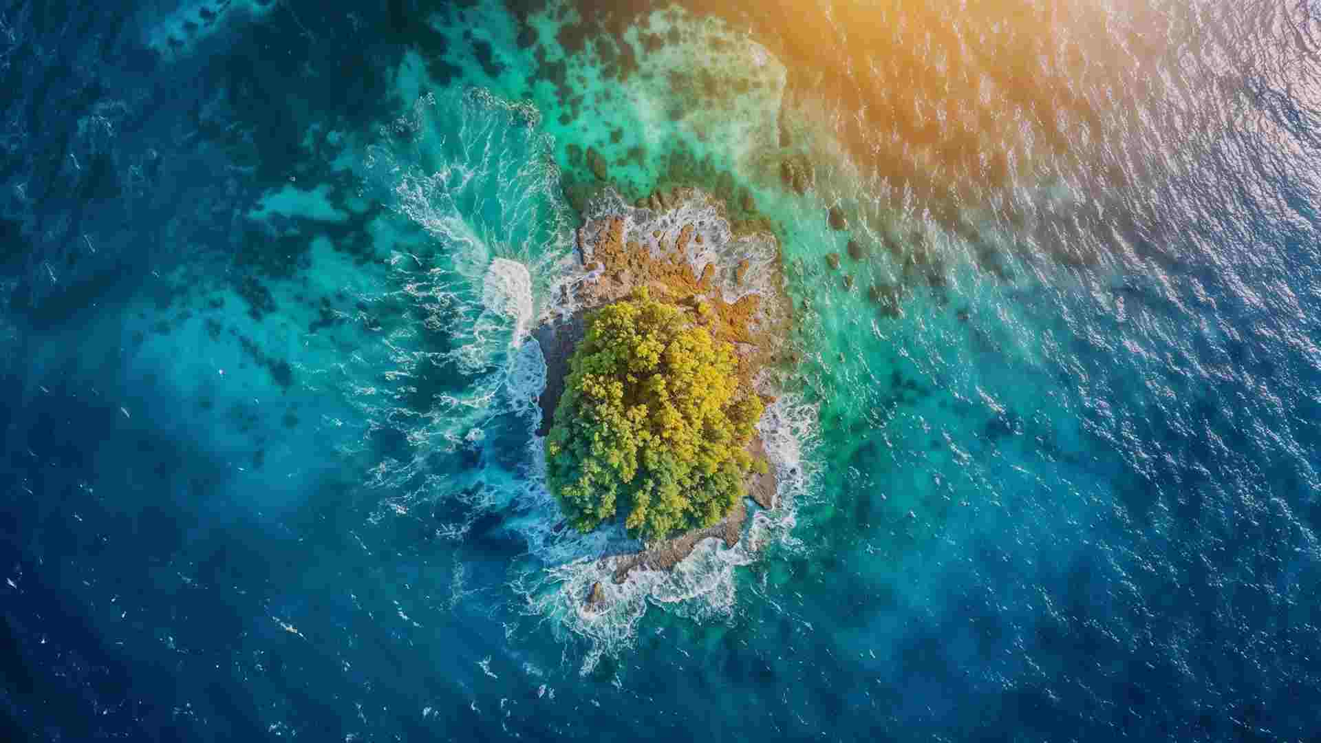 俯瞰视觉，蓝色海洋，凸起的小岛 唯美海洋风景壁纸图片