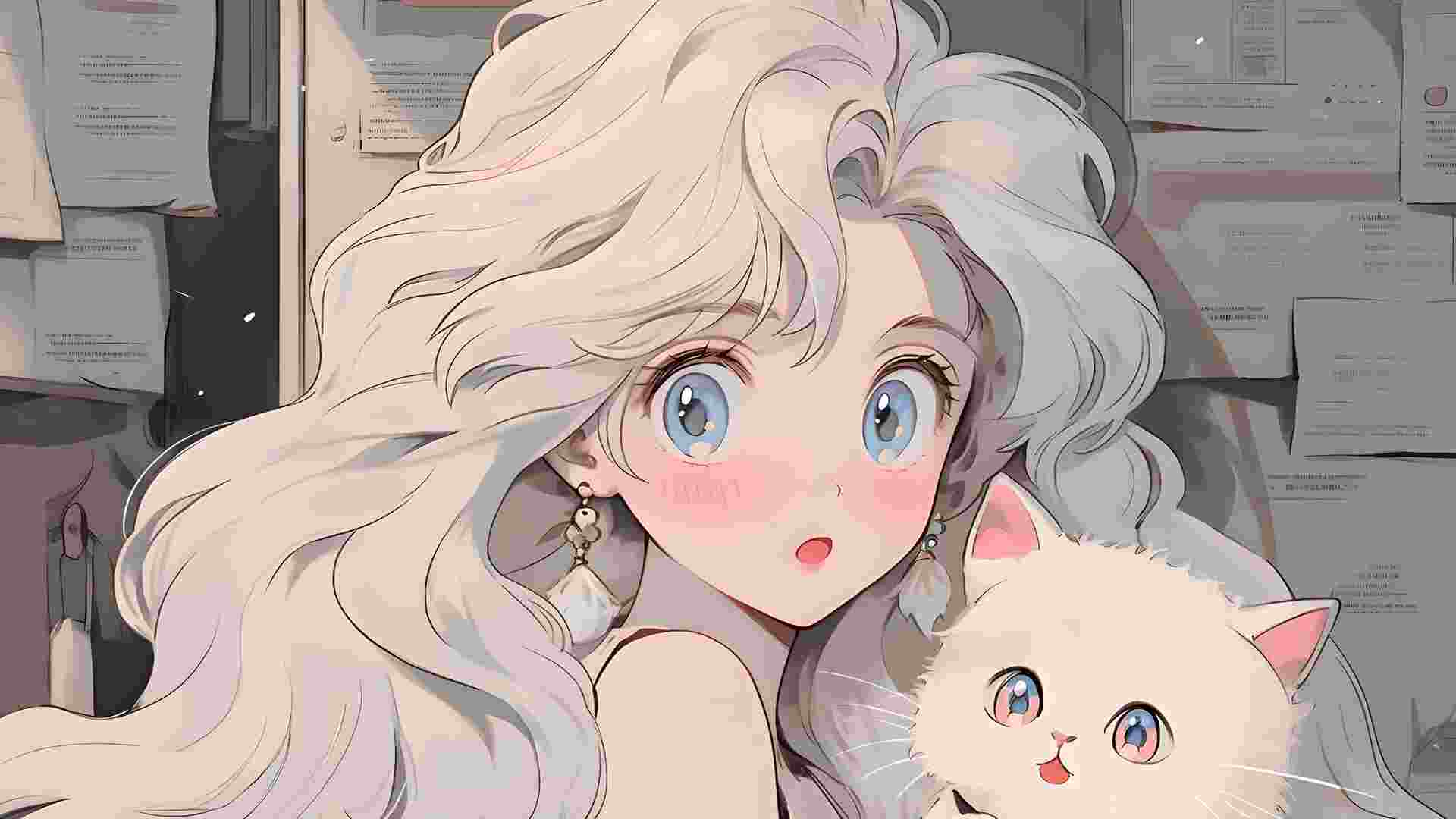 报纸墙可爱少女和猫动漫壁纸