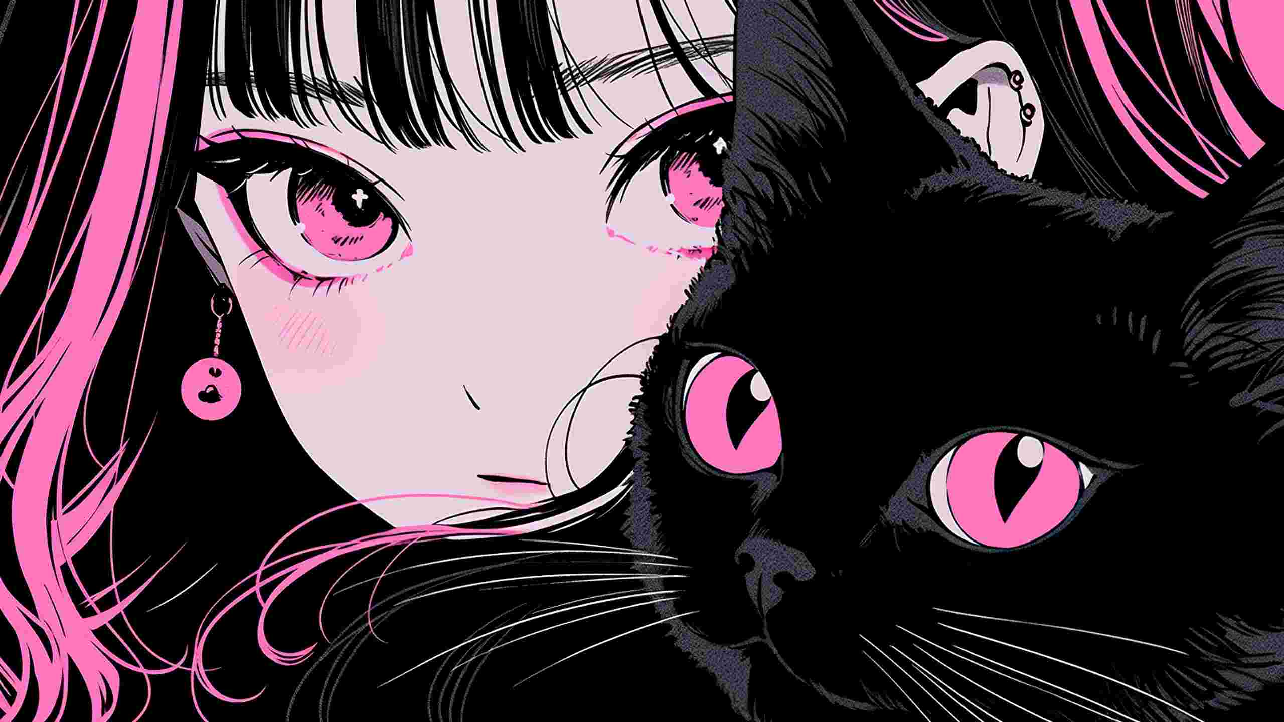 抱着黑猫的非主流动漫少女近距离插画